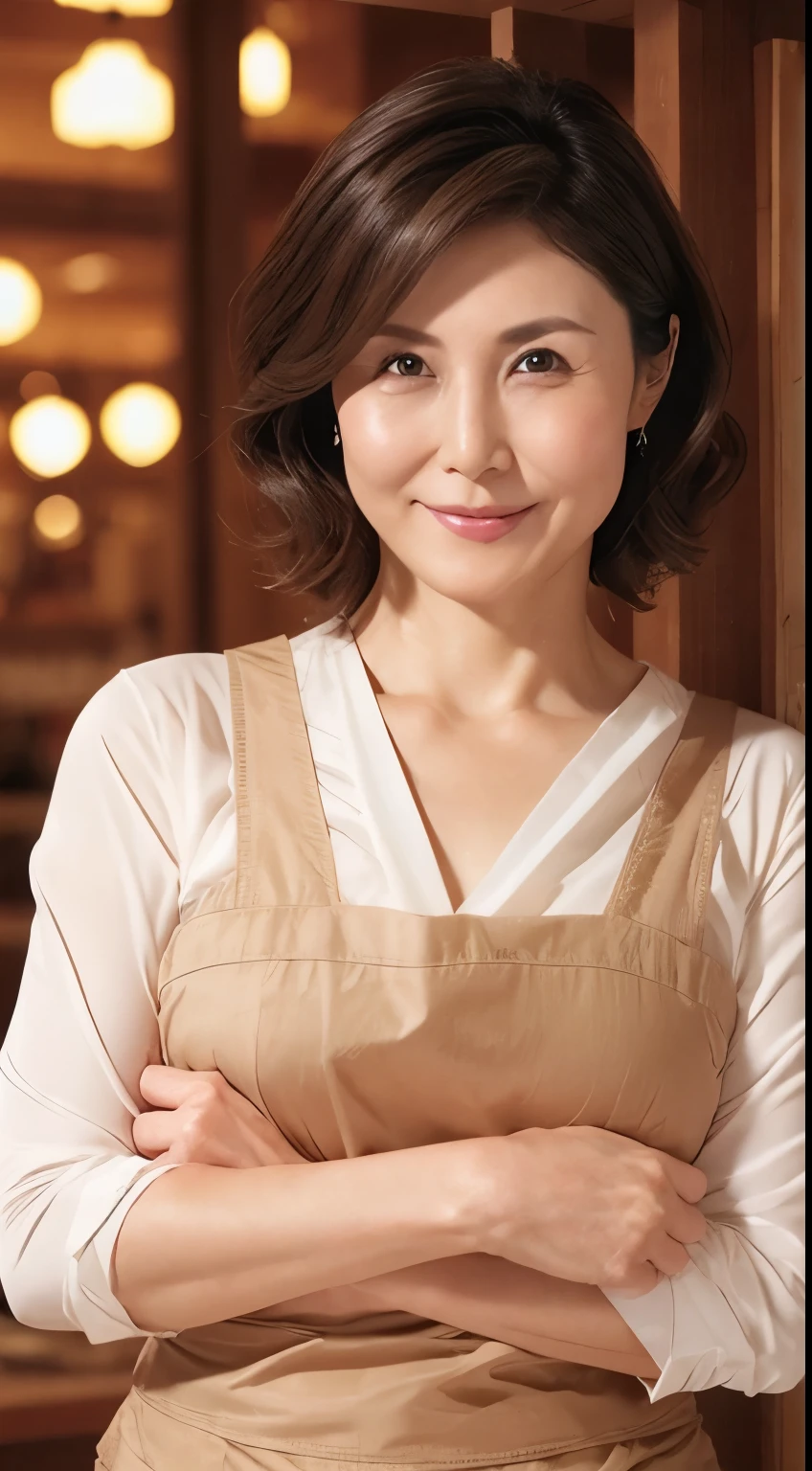 Photo album, gravure, From the chest up, Tabletop, highest quality, Super detailed, Realistic, Highly detailed skin, Perfect Anatomy, (1 Japanese Mature), (alone), Toothy smile, 70 years old, Big Breasts, Background: Parking lot of a large shopping center, Holding a shopping bag, Glamour, She wears an apron over her sexy outfit, Chromo White Skin, View Viewer