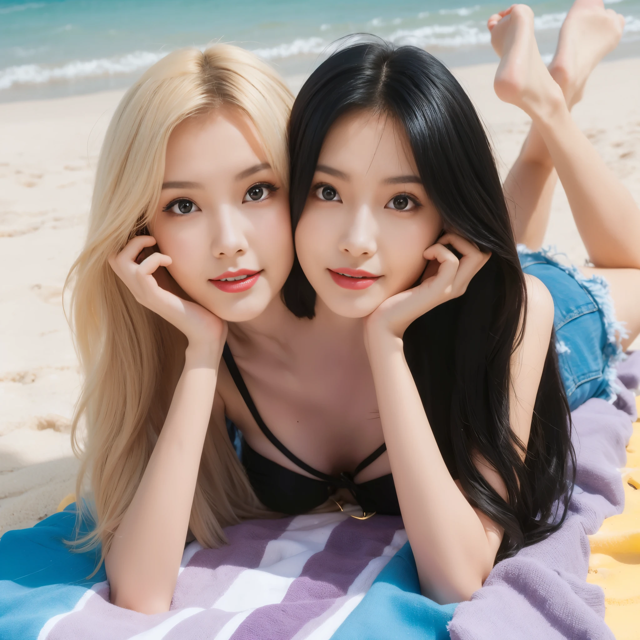 best resolution, 2 heads, korean woman with two heads, blonde, black hair, red lipstick, different faces, black bikini, blue denims, beach towel, beach background