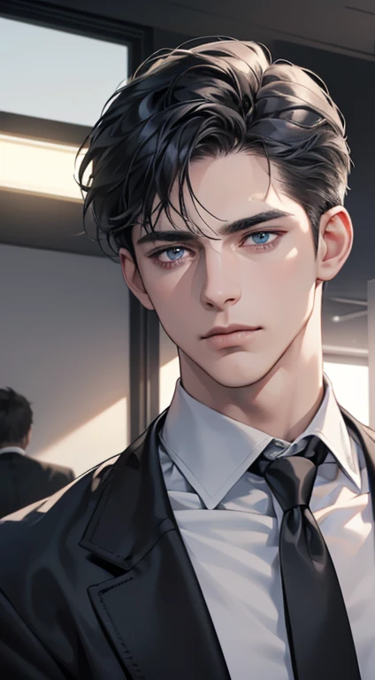 (best quality, masterpiece, 8K, photorealistic, cinematic lighting, hdr image, ultra detailed, beautiful image), 1 man, 31 years old, mature man, very handsome, (without expression, serious), short black hair, blue grey eyes ( penetrating gaze), perfect face without errors, imposing posture, without errors, businessman, office background