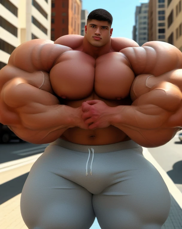1 boy, handsome, giant, buzz black haircut, model shoot style, looking at camera, action pose, outdoor, in the large city street, strong body, bulk, shirtless, wear white boxers, bulge, big, brutalmass, giant, muscular body, bulk, massive body, large meaty body size, brown veiny skin, big arms, ballooning meaty pecs, big butt. wet, UHD, Realistic, intricate detail