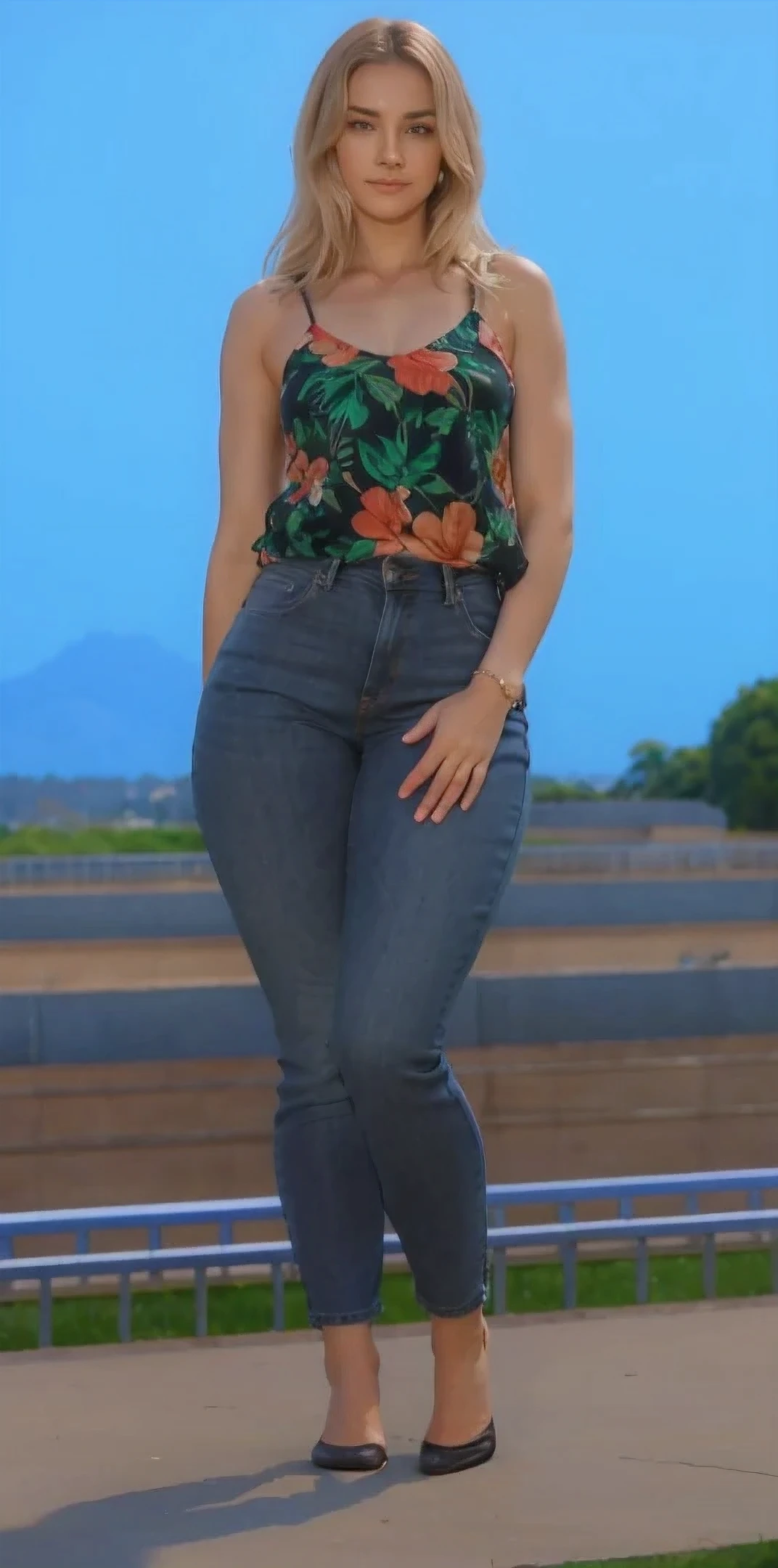 um close de uma mulher com uma blusa floral e jeans, pose casual, camisa kawaii e jeans, foto de corpo inteiro hiperdetalhada, foto de corpo inteiro, close-up de corpo inteiro, close de corpo inteiro, highly corpo inteiro detalhado, corpo inteiro detalhado, feminino de corpo inteiro, foto da roupa, cabelo detalhado, cabelo loiro, decote, grandes coxas, sapatilhas
