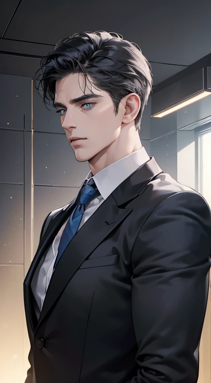 (best quality, masterpiece, 8K, photorealistic, cinematic lighting, hdr image, ultra detailed, beautiful image), 1 man, 31 years old, mature man, very handsome, (without expression, serious), short black hair, blue grey eyes ( penetrating gaze), perfect face without errors, imposing posture, without errors, businessman, office background
