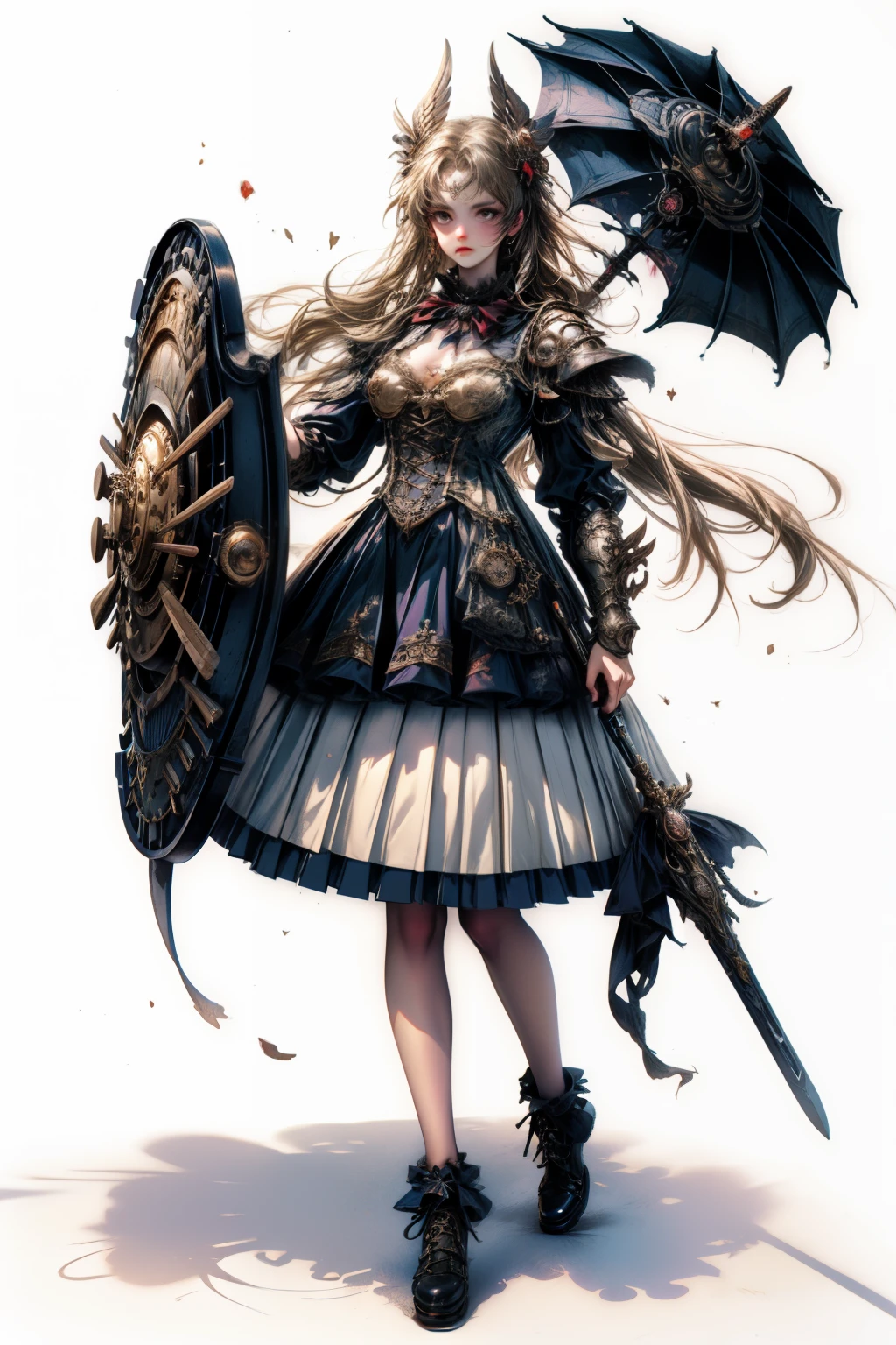 ((best quality)), ((masterpiece)), (detailed), blank white background, plain background, white background, Bloodborne inspired, occult aesthetic, occult, detailed and intricate steampunk and detailed gothic, NSFW, Very dramatic and cinematic lighting, cosmic horror, grim-dark, side-lighting, perfect face, a beaituful goddess valkyrie adorned and enshrined in armour, Bloodborne inspired valkyrie, occult aesthetic valkyrie, occult valkyrie, detailed and intricate steampunk and detailed gothic valkyrie, wielding a sword and shield, NSFW, Fluttering lace flared long knee length dress with frilly petticoats, knee length dress, pleated petticoats, ta dress, petticoats gothic loliside-lighting, gothic lolita aetic, beautiful small breasts, small breasts, full body, whole body, body, plain background, white background, blank background, no background, white background