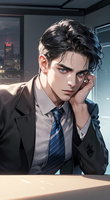 (best quality, masterpiece, 8K, photorealistic, cinematic lighting, hdr image, ultra detailed, beautiful image), 1 man, 31 years old, mature man, very handsome, (without expression, serious), short black hair, blue grey eyes ( penetrating gaze), perfect face without errors, imposing posture, without errors, businessman, office background