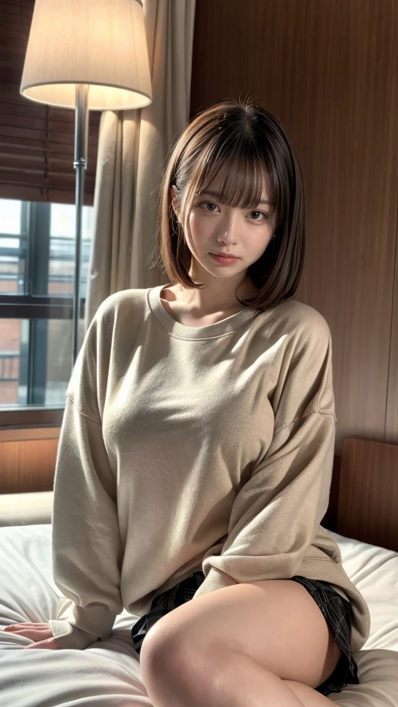 masterpiece, best quality, illustration, Super detailed, fine details, High resolution, 8K,wall paper, perfect dynamic composition,(Details High quality, realistic depiction of eyes:1.3), (Fashionable、Beige oversized sweatshirt、long-sleeve), Large swollen breasts, Don't expose it, short bob hair, black hair color, Big Natural Color Lip, bold sexy pose, crying a little、cold gaze, Harajuku style、20 year old girl、cute type、lolita、beautiful legs, hotel room, hposing Gravure Idol, (woman on top, straddling, sitting)