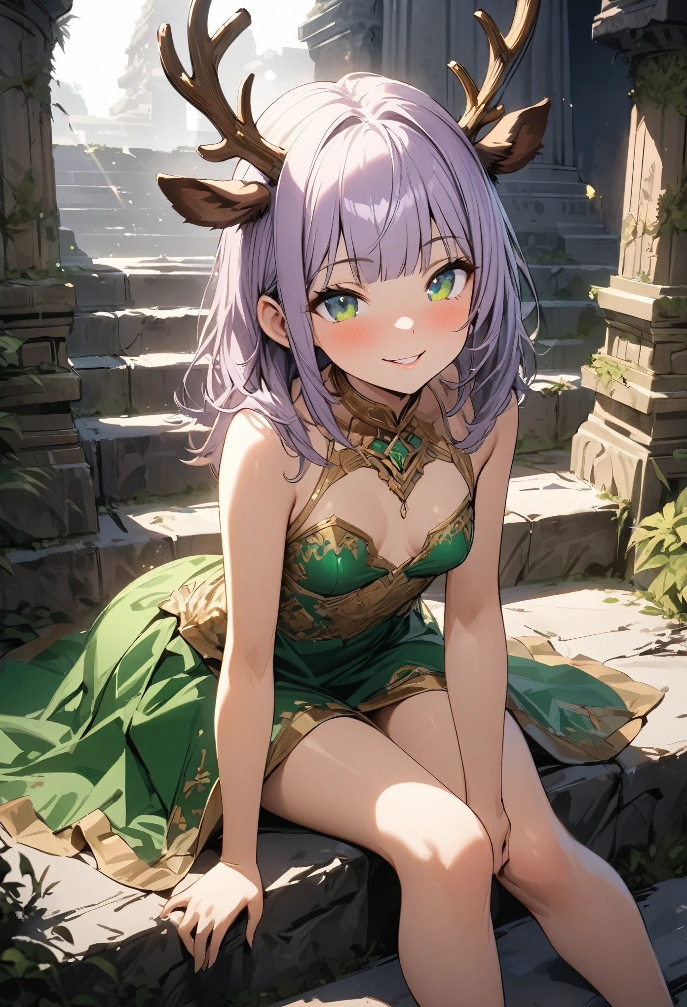 ((Masterpiece)), ((best quality)), (super detail:1.2), (High Definition:1.3), (Professional Photography:1.2), (wide shot), (sharp focus), (perfect light), (()), Textured skin, cinematic lighting, cute teenage girlsmall breast)), (Healthy slim body), (Gold embroidery Noble dress), (hoop dress), pale purple hair, shaggy medium hair, (loose blunt bangs), ((glossy lips)), pale thighs, (put on elk antlers), (Hooray!), ((Naughty smile)), 1girl, solo, ((beautiful emerald colored eyes)), perfect anatomy, (sitting on the stairs), outside the ancient Temple, (ancient ruined overgrown),