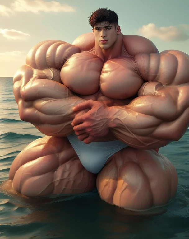 1 boy, handsome, giant, buzz black haircut, model shoot style, looking at camera, action pose, outdoor, in the large ocean, strong body, bulk, shirtless, wear white swimwear, bulge, big, brutalmass, giant, muscular body, bulk, massive body, large meaty body size, brown veiny skin, big arms, ballooning meaty pecs, big butt. wet, ocean waves, UHD, Realistic, intricate detail