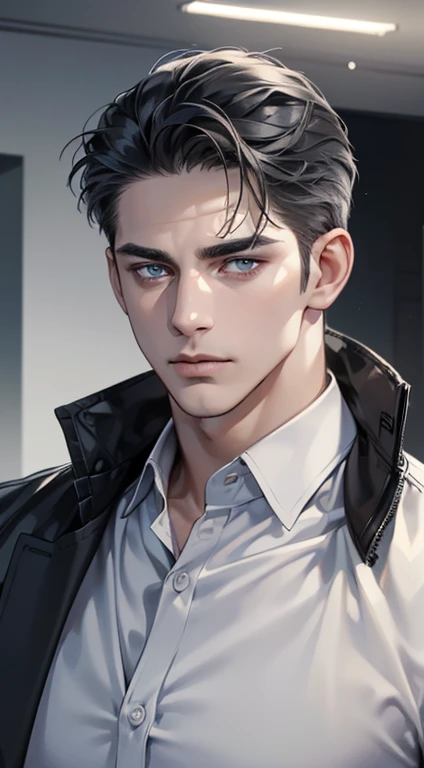 (best quality, masterpiece, 8K, photorealistic, cinematic lighting, hdr image, ultra detailed, beautiful image), 1 man, 31 years old, mature man, very handsome, (without expression, serious), short black hair, blue grey eyes ( penetrating gaze), perfect face without errors, imposing posture, without errors, businessman, office background