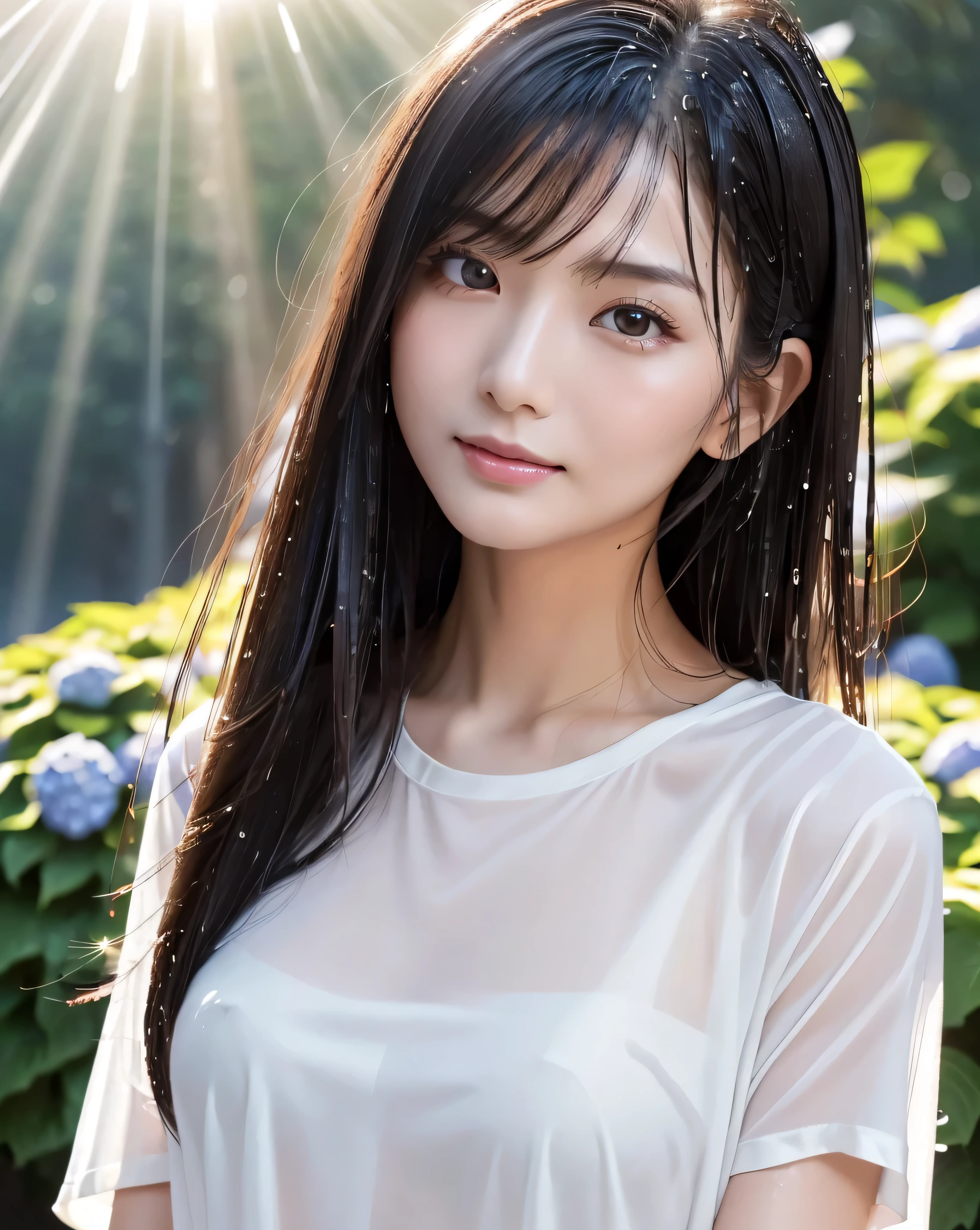 (highest quality, 32k, High resolution, Masterpiece:1.5, ), marimo_jet, god々A photograph with brilliant dazzling and healing power., Evoking a sense of calm and elusive beauty, Expressing emotions, Have a rich imagination,Beautiful Japanese Girls, An exceptionally beautiful face, Small Face Beauty, ((profile:1.0)), Perfect Human Anatomy, Magical big eyes, Motherhood and generosity, Deep Love, fleeting smile, shiny wet black hair, Super Long Straight Silk Hair, Asymmetrical bangs, Hair between the eyes, Transparent, soft white skin, Sharp eyebrows, Thin lashes, Natural Makeup, Cheek highlighter, Pale pink detailed lips, , ((Wet and see-through white t-shirt:1.2)), Slim figure with ample breasts, High resolutionの美しい太もも, ((Absolute area:1.5)). ((Rainy hydrangea field:1.2)), ((Background of light shining through a gap in the cloudy sky:1.3)), Dazzling Sun, Professional Lighting, Professional photographer, Professional models, God's Secret