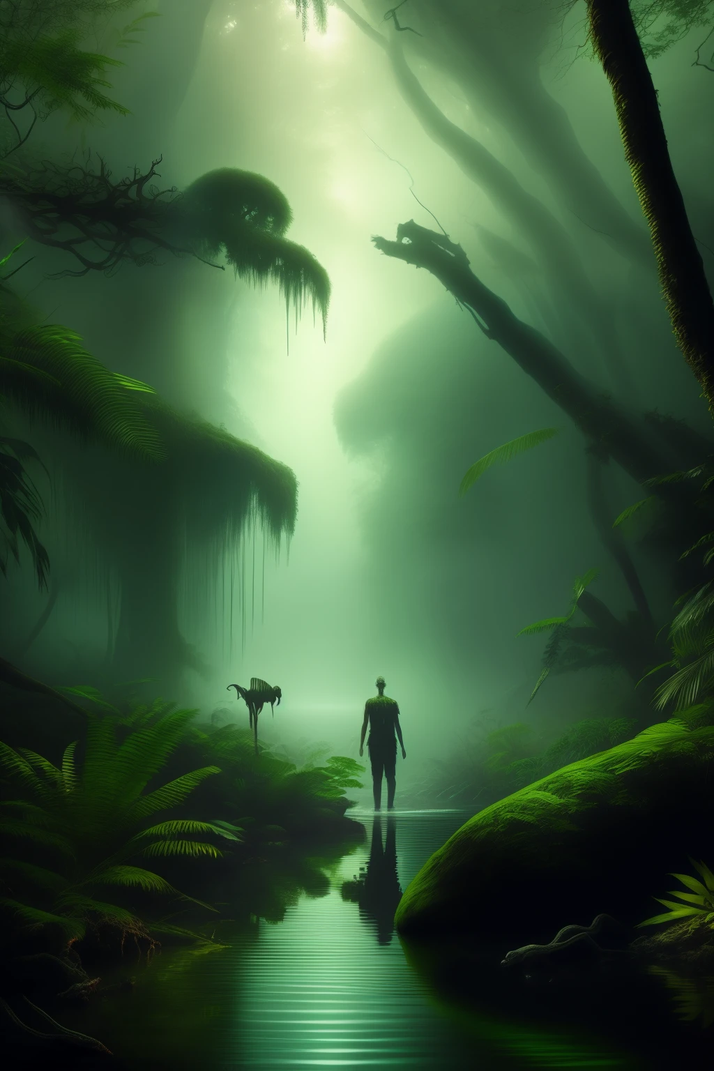 "A captivating, ultra-detailed rendering of a dense rainforest teeming with a procession of decomposed figures, led by a menacing zombie pitbull with glowing, eerie eyes. The lush, verdant foliage forms an intricate tapestry around a serene, misty lake, shimmering in the dim light. This high-quality image, presented in pristine 8K, showcases a hyper-realistic portrayal of the eerie beauty hiding within the depths of the rainforest, highlighted by the artist's skillful use of low light and intricate details."