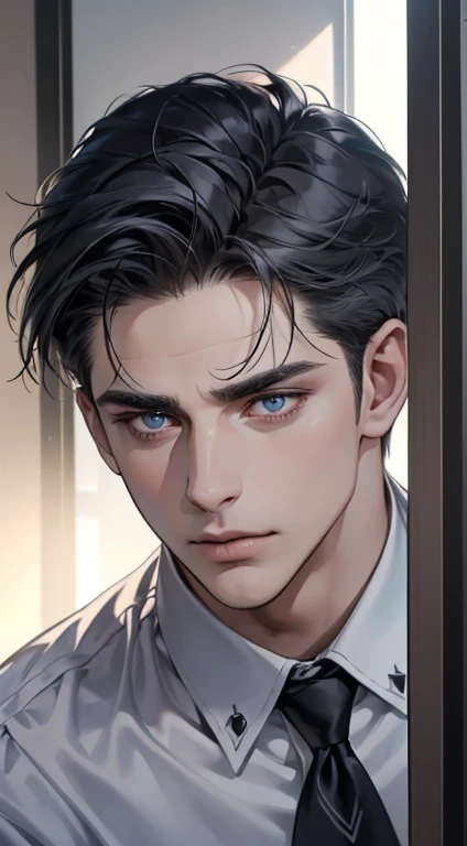 (best quality, masterpiece, 8K, photorealistic, cinematic lighting, hdr image, ultra detailed, beautiful image), 1 man, 31 years old, mature man, very handsome, (without expression, serious), short black hair, blue grey eyes ( penetrating gaze), perfect face without errors, imposing posture, without errors, businessman, office background