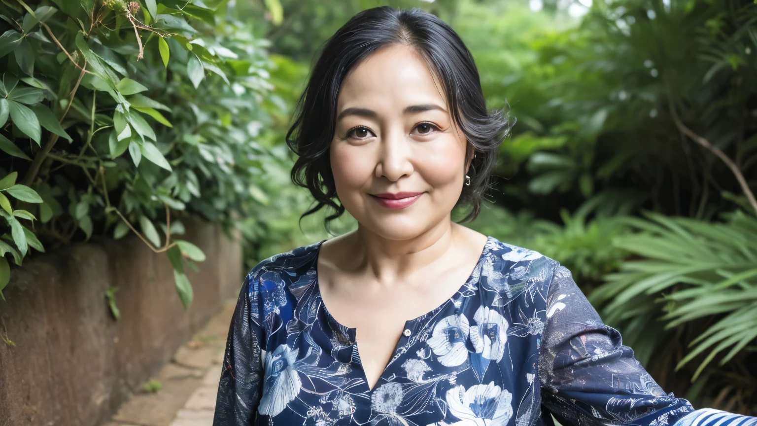 ((highest quality、8k、masterpiece:1.3))、Photorealistic, Sharp focus, high resolution, High resolution, Portraiture, alone, Japanese, Middle-aged women, Beautiful woman, 65 years old, Voluptuous figure, She has wavy hair and it is slightly dyed., No sleeve, Wrinkles around the eyes, Fluttering skirt,In the woods
