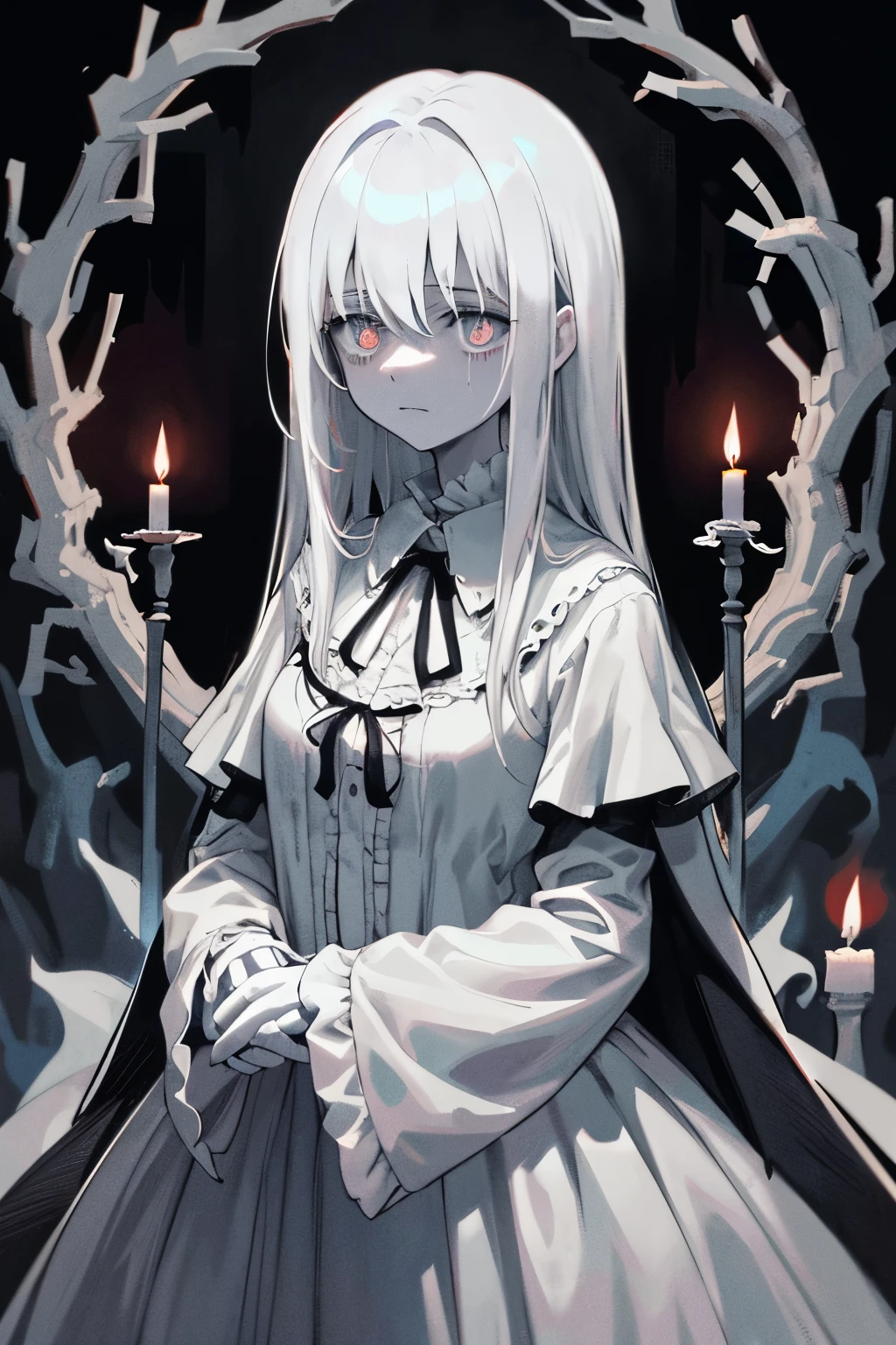 best quality, dark background, eerie atmosphere, 1 ghost, Long, flowing white gown stained with fresh blood, Pale, ghostly face, hollow eyes filled with sadness, Hovering above a dimly lit murder scene, Observing the chaos below with a melancholic expression, Candlelit room with secrets hidden in the shadows.