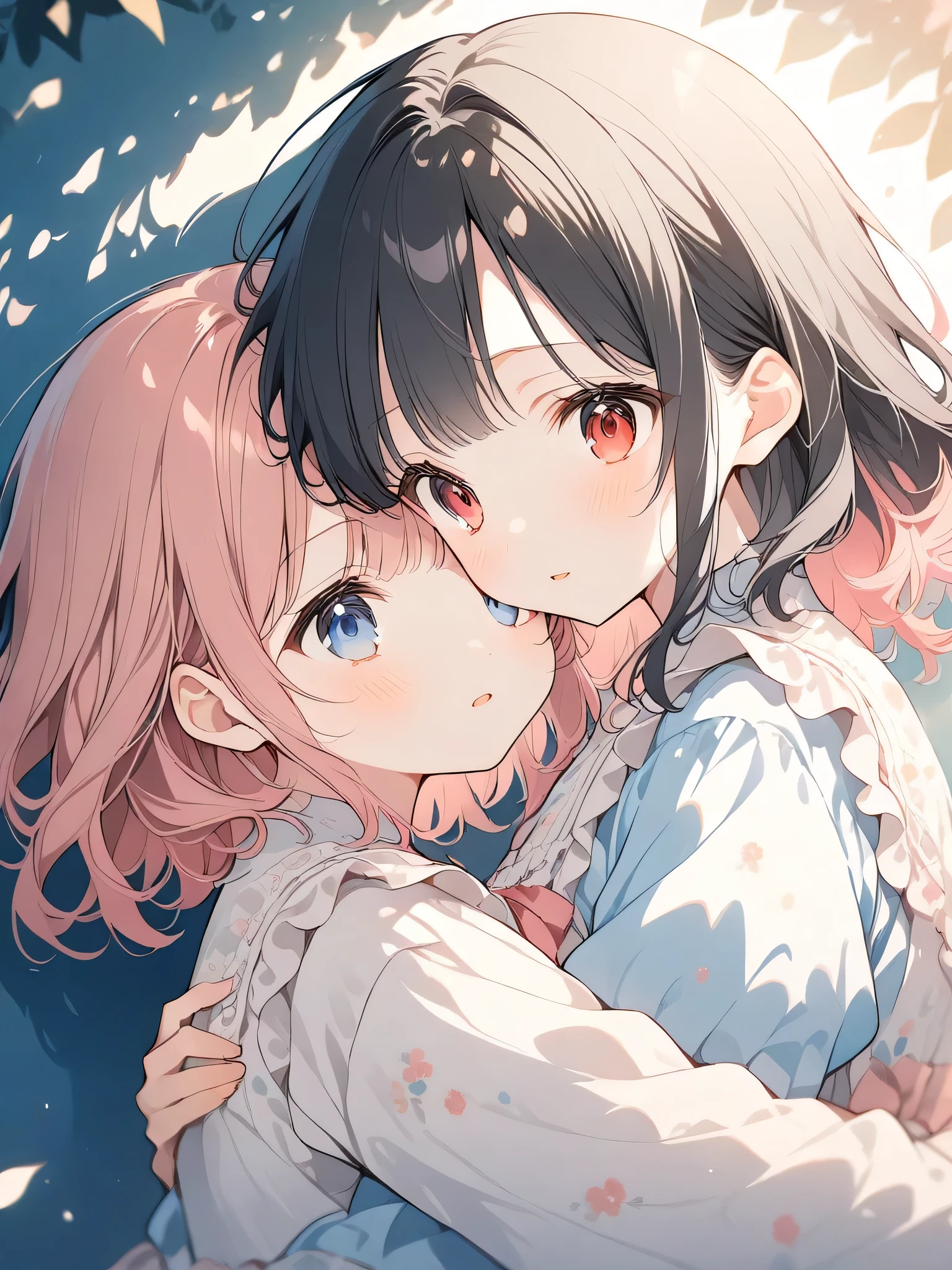 Anime Style, Super precise illustration, Very detailed, beautiful, 8k,,(Two peopleの女の子:1.3), (Two people:1.3), (Black Hair , Red Eyed Girl), (Pink Hair , Blue Eyed Girl), (Embrace:1.2)