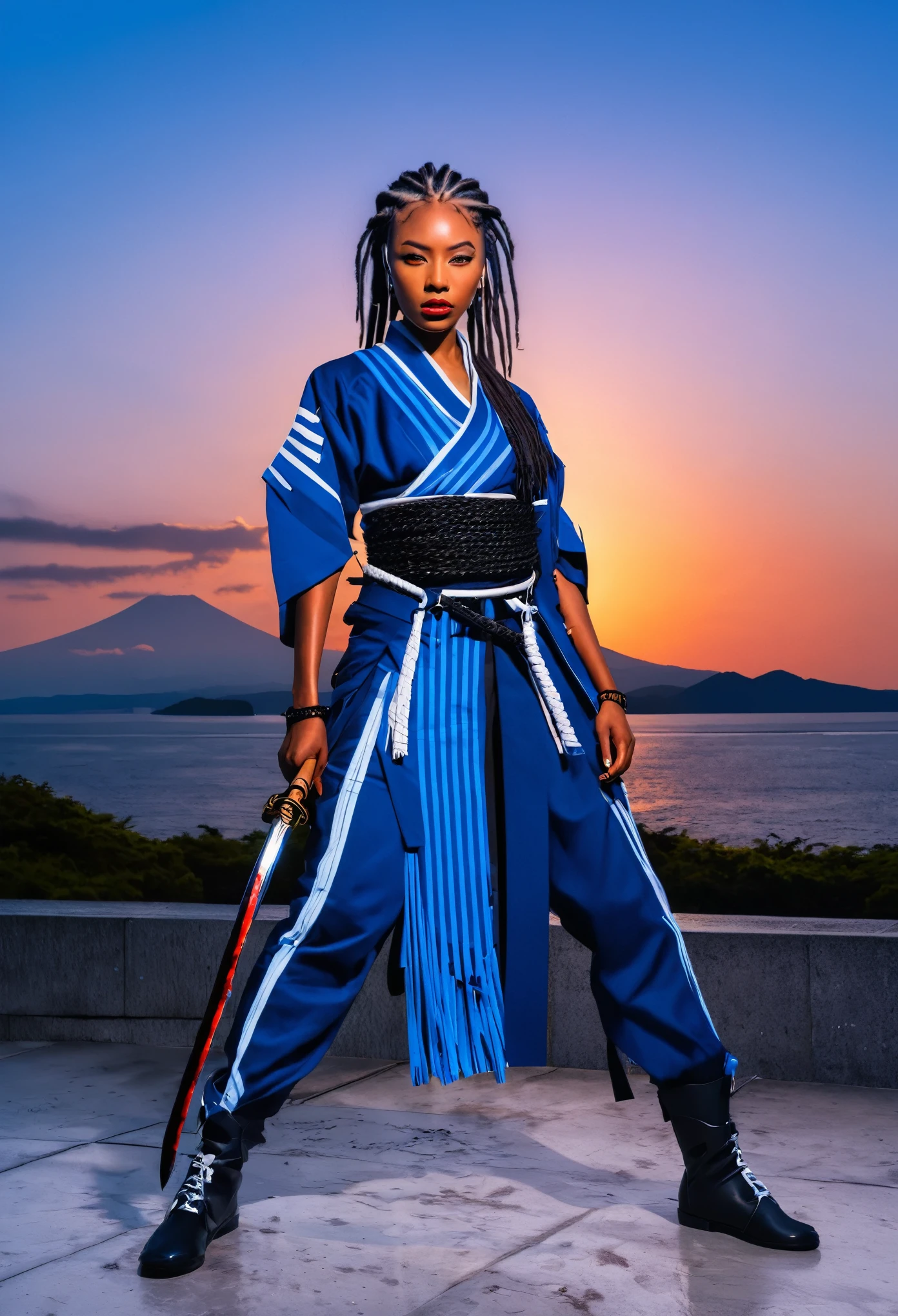 Create the image of a black samurai woman, with braided dreadlocks, modern hair posing in Japan with a beautiful sunset and covered in blood in white blue and white , with full body view