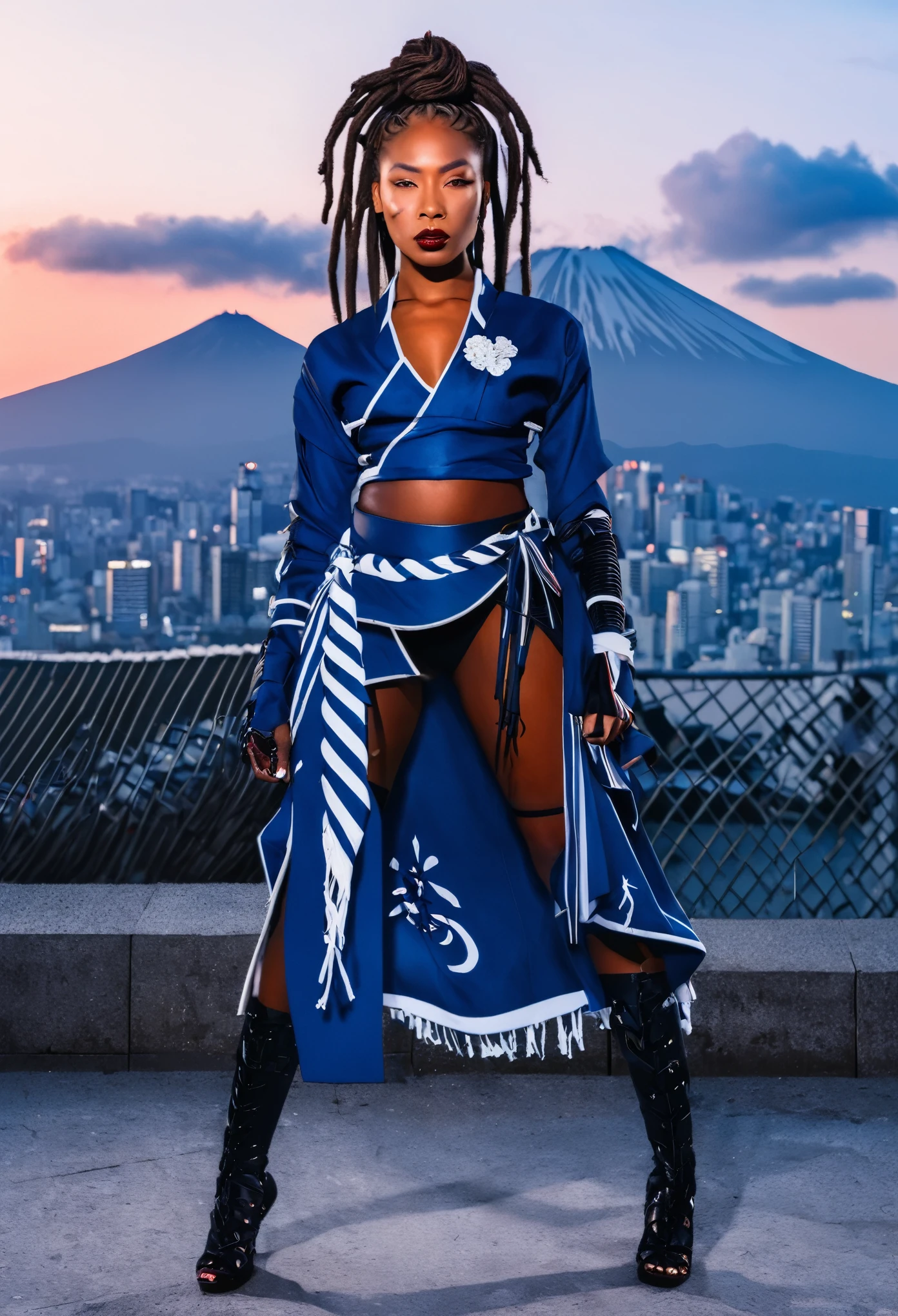 Create the image of a black samurai woman, with braided dreadlocks, modern hair posing in Japan with a beautiful sunset and covered in blood in white blue and white , with full body view