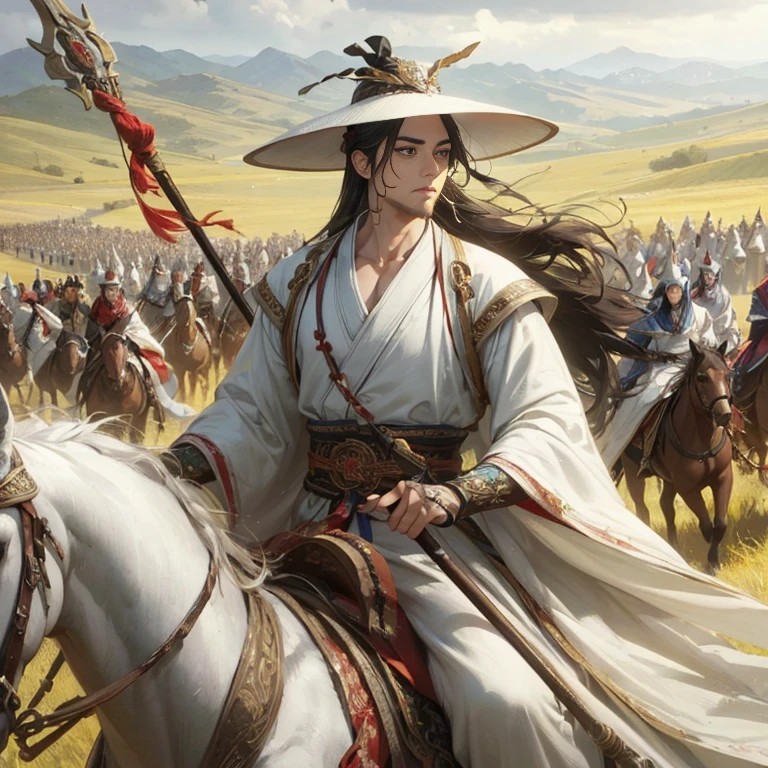 (Masterpiece:1.2), (Best Quality:1.2), (high resolution:1.2), (beautiful face and eye:1.2), (sharpest focus:1.2), (Ultra-realistic Photo:1.2), (Ultra-precise Photo:1.2), (Depth of field:1.2), (perfect :1.2), 
(nice hands:1.2), (perfect hands:1.2), (five fingers:1.2),(Young, fearless, beautifully shaded Chinese man:1.0), (White Western-style cape and cloak:1.0), (White armor with red, blue, and yellow insertions:1.0), 
(Beautiful Chinese warrior on horseback with spear raised high and majestic:1.0), (Neatly trimmed short beard and tied hair:1.0), (Undulating prairie filled with horses:1.0) (ornately decorated long spear with serpentine blade:1.0), 
(melancholy expression:1.0), (beautiful mounted figure:1.0), 