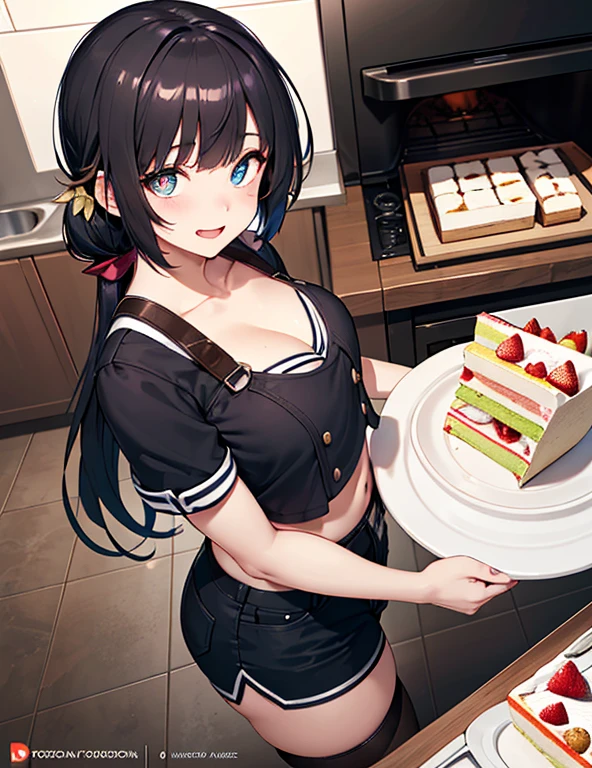 (dynamic angle:1.3, front view:1.1, breast focus:1.3, from above:1.1), (dynamic posing:1.2, sexy posing:1.2), (seductive smiling:1.3), ((looking at cake,Taking a cake out of the gold oven, worried about the outcome:1.2)),highest quality、(real、photorealistic:1.4),(ultra high resolution, 8K RAW photo, clear focus), best qualtiy, natural lighting, field depth, (Bright pupils, detailed beautiful eyes, high detailed face), Red lip, (tight focus:1.2), a girl 22yo old, Wearing a pastry chef uniform:1.3 , Thicc, thin breast, long hair, blue eyes,garter stocking, cleavage:1.2, midriff, black shorts, black thighhighs, thigh strap, pretty girl, (highly detailed beautiful face and eyes,firm breasts),real skin,((black,hair,long pony tail hair)),thin pubic hair,cute,lovely, detailed eyes,(double breasted:1.0,under bust:1.0),(with sparkling eyes and a contagious smile),open mouth, Looking at Viewer,A scene of cooking in the kitchen,looking at the gold oven