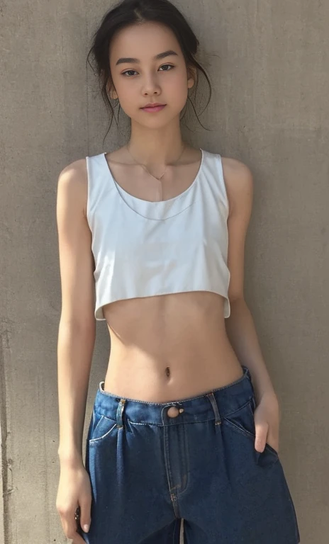 masterpiece,1 girl,(((flat chest))),((((cute)))),thin body,(((loose tank top))),((low neck)),(((((young girl))))),smallish body,visible stomach,(((visible underarms))),(((visible groin))),(((visible ribs))),(((visible pelvis))),(lifted tank top by wind),string tank top,visible inside tank top,visible chest,visible lower chest,thin tank top,white tank top,