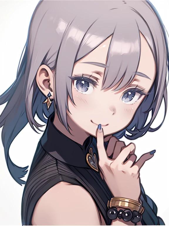 Piriyon, alone, One girl, 黒いnail, jewelry, short hair, View your viewers, choker, necklace, put your hand on your face, Earrings, White Background, heart, Mouth closed, Grey Eyes, Manicure, Simple Background, Grey Hair, ear Earrings, black choker, smile, eyelash, lips, Put your hand on your cheek, bangs, bracelet, beads, gem, Earrings, nail, Open your mouth wide