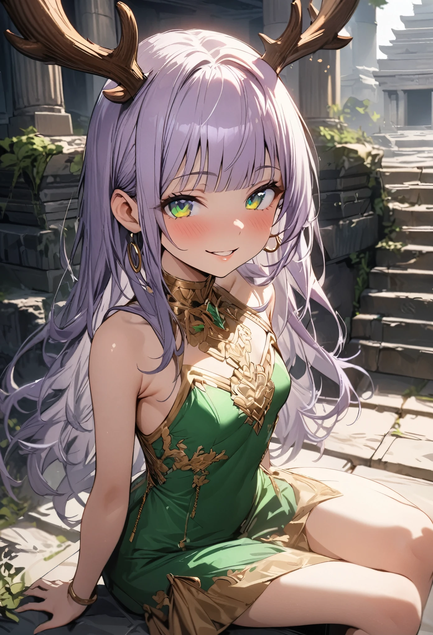 ((Masterpiece)), ((best quality)), (super detail:1.2), (High Definition:1.3), (Professional Photography:1.2), (wide shot), (sharp focus), (perfect light), ((12 years old)), Textured skin, cinematic lighting, cute teenage girl, ((small breast)), (Healthy slim body), (Gold embroidery Noble dress), (hoop dress), pale purple hair, curtained hair, (loose blunt bangs), ((glossy lips)), pale thighs, (put on elk antlers), (Hooray!), ((Naughty smile)), 1girl, solo, ((beautiful emerald colored eyes)), perfect anatomy, (sitting on the stairs), outside the ancient Temple, (ancient ruined overgrown),