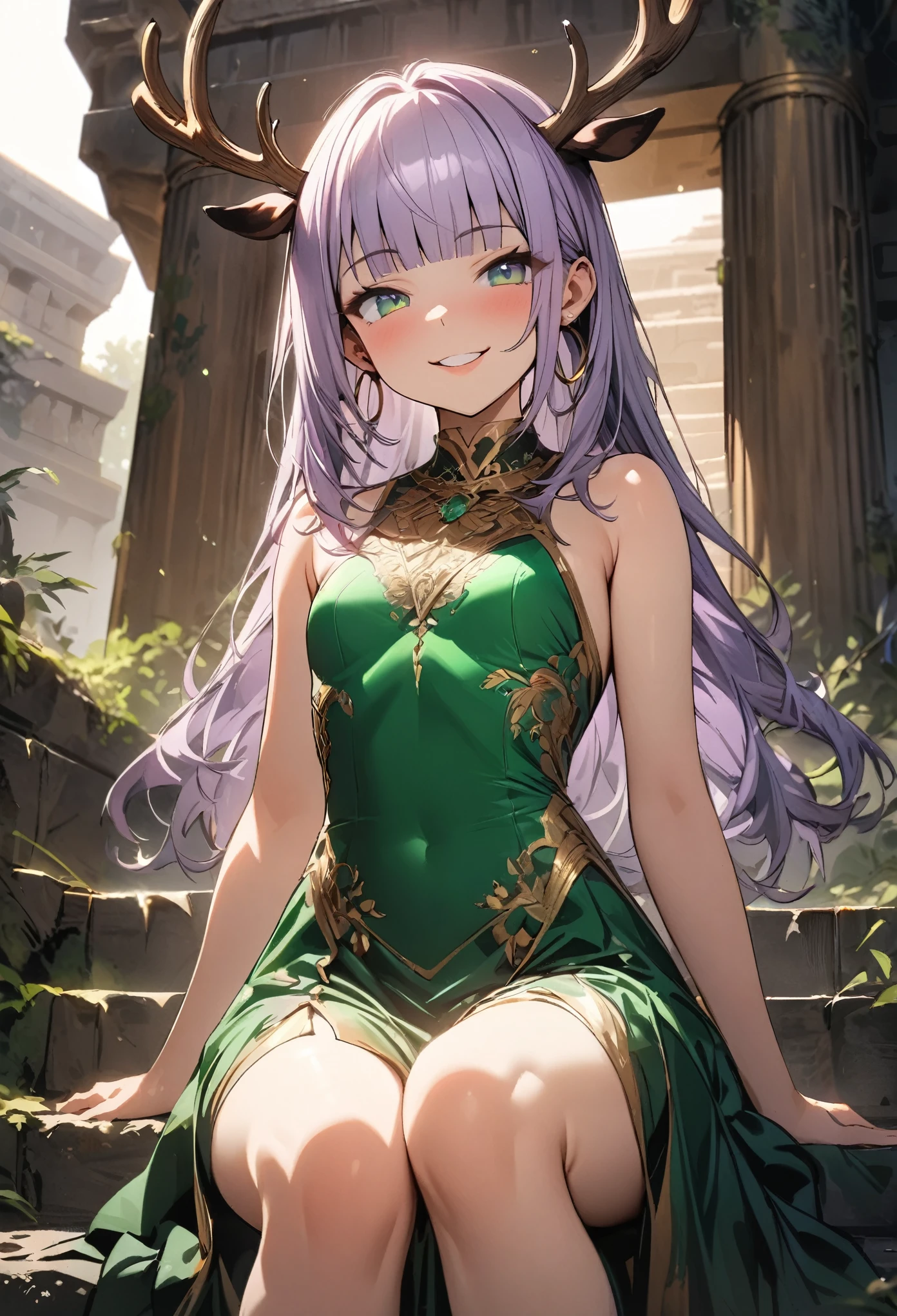 ((Masterpiece)), ((best quality)), (super detail:1.2), (High Definition:1.3), (Professional Photography:1.2), (wide shot), (sharp focus), (perfect light), ((12 years old)), Textured skin, cinematic lighting, cute teenage girl, ((small breast)), (Healthy slim body), (Gold embroidery Noble dress), (hoop dress), pale purple hair, curtained hair, (loose blunt bangs), ((glossy lips)), pale thighs, (put on elk antlers), (Hooray!), ((Naughty smile)), 1girl, solo, ((beautiful emerald colored eyes)), perfect anatomy, (sitting on the stairs), outside the ancient Temple, (ancient ruined overgrown),