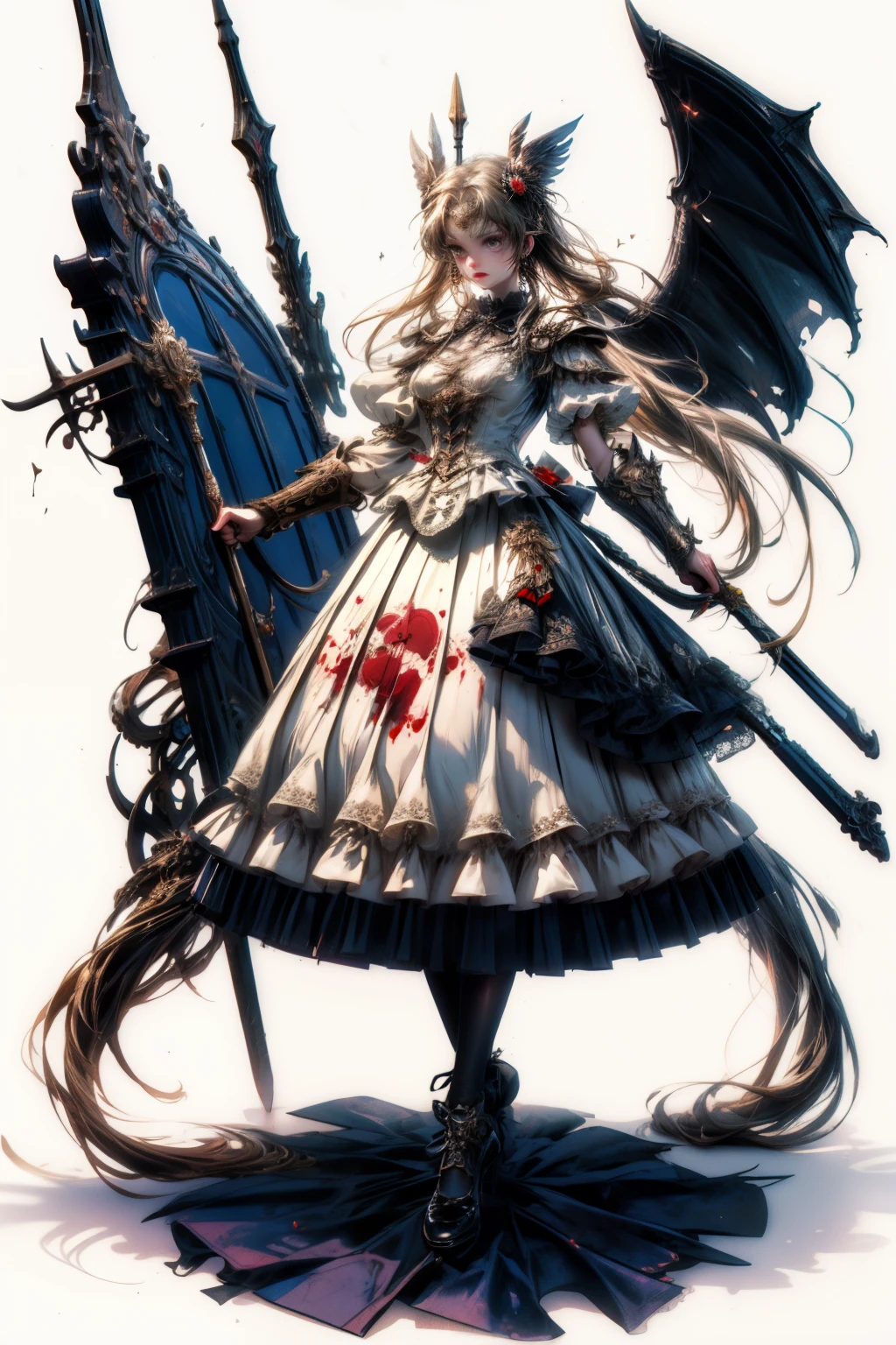 ((best quality)), ((masterpiece)), (detailed), blank white background, plain background, white background, Bloodborne inspired, occult aesthetic, occult, detailed and intricate steampunk and detailed gothic, NSFW, Very dramatic and cinematic lighting, cosmic horror, grim-dark, side-lighting, perfect face, a beaituful goddess valkyrie adorned and enshrined in armour, Bloodborne inspired valkyrie, occult aesthetic valkyrie, occult valkyrie, detailed and intricate steampunk and detailed gothic valkyrie, wielding a sword and shield, NSFW, Fluttering lace flared long knee length dress with frilly petticoats, knee length dress, pleated petticoats, ta dress, petticoats gothic loliside-lighting, gothic lolita aetic, beautiful small breasts, small breasts, full body, whole body, body, plain background, white background, blank background, no background, white background