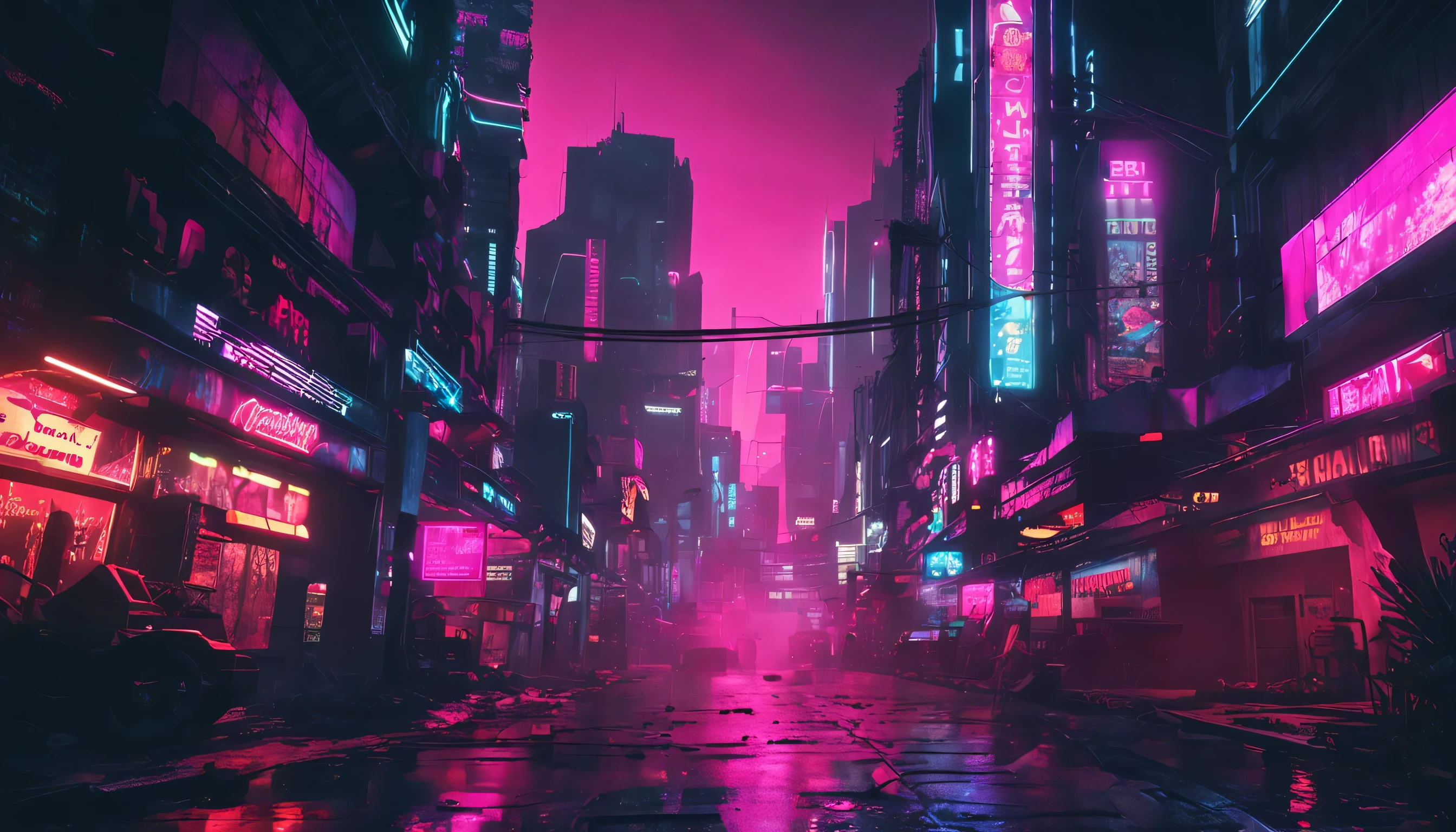 "Rua cyberpunk iluminada por neon, rua da cidade futurista, Dystopian art in the dark,Tabuleta enorme , Papel de parede 4k.Evocando um futuro taciturno e desolado."