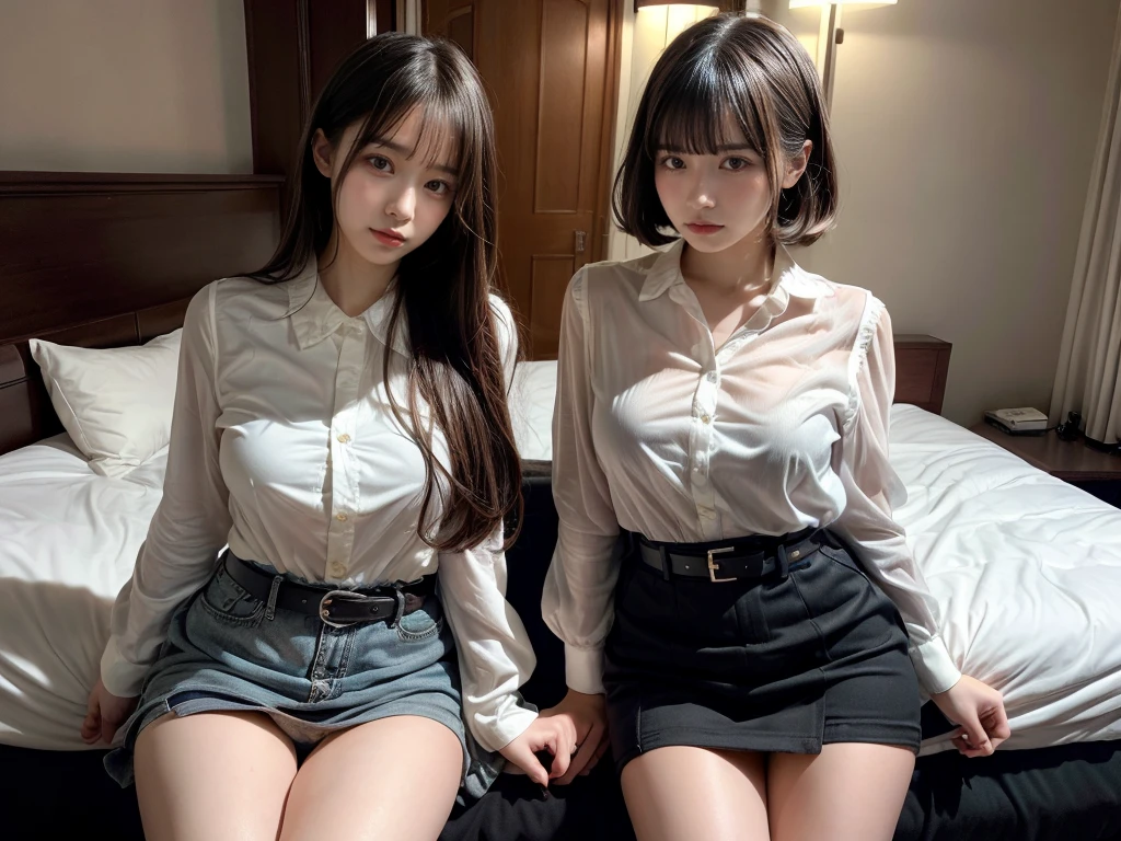 masterpiece, best quality, illustration, Super detailed, fine details, High resolution, 8K,wall paper, perfect dynamic composition,(Details High quality, realistic depiction of eyes:1.3),((2 girls)), (Fashionable, a belt black suspenders, Aside Cutter Shirt, a miniskirt, garterbelts), short bob hair, Large swollen breasts, Don't expose it, black hair color, Big Natural Color Lip, (perfect body shape), Touching each other's bodies,Touching the body of the girl next door,crying a little、cold gaze, Harajuku style、20 year old girl、beautiful legs, hotel room, Gravure Idol, (woman on top, straddling, sitting)