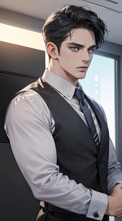 (best quality, masterpiece, 8K, photorealistic, cinematic lighting, hdr image, ultra detailed, beautiful image), 1 man, 31 years old, mature man, very handsome, (without expression, serious), short black hair, blue grey eyes ( penetrating gaze), perfect face without errors, imposing posture, without errors, businessman, office background