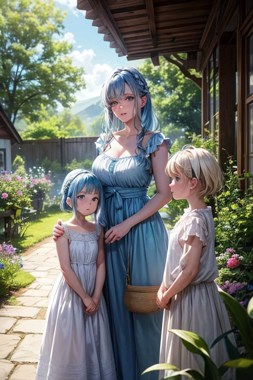 a beautiful woman with blue hair and blue eyes, wearing a white sundress, standing in a cottage garden, looking like she has raised two kids and is waiting for her lover to return after years apart, bags under her eyes, is an adopted mom