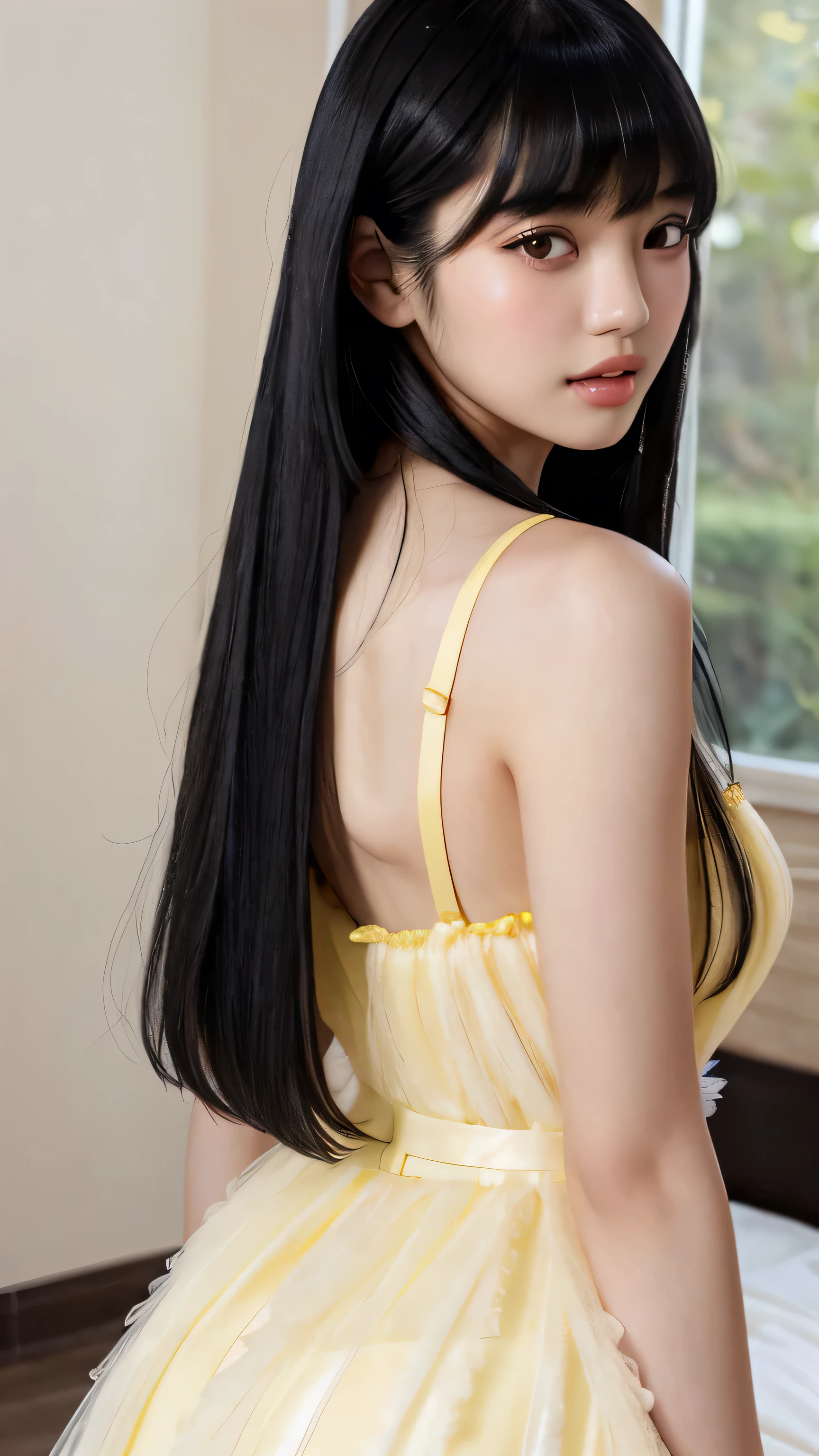 A beautiful young Asian woman with white skin (((long black hair with bangs))), dressed in a delicate fluffy pastel yellow dress, back