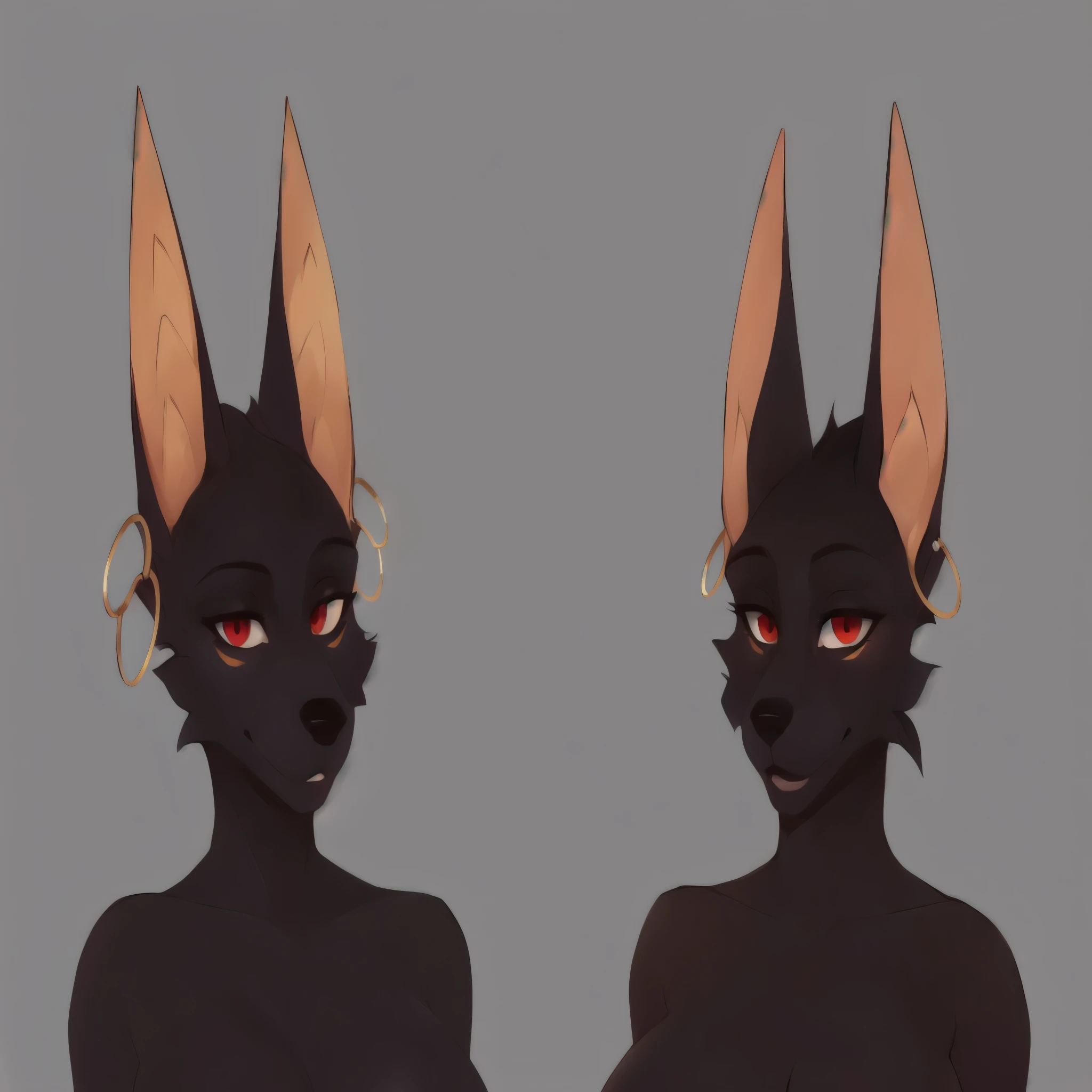 two different views of a woman with a very big breast, with pointy ears, long pointy ears, commission for high res, pointed ears, pale pointed ears, pointy ears fully red eyes, slightly - pointed ears, vey detailed faces, furaffinity commission, fursona furry art commission, jackal, circular earrings, golden circular earrings