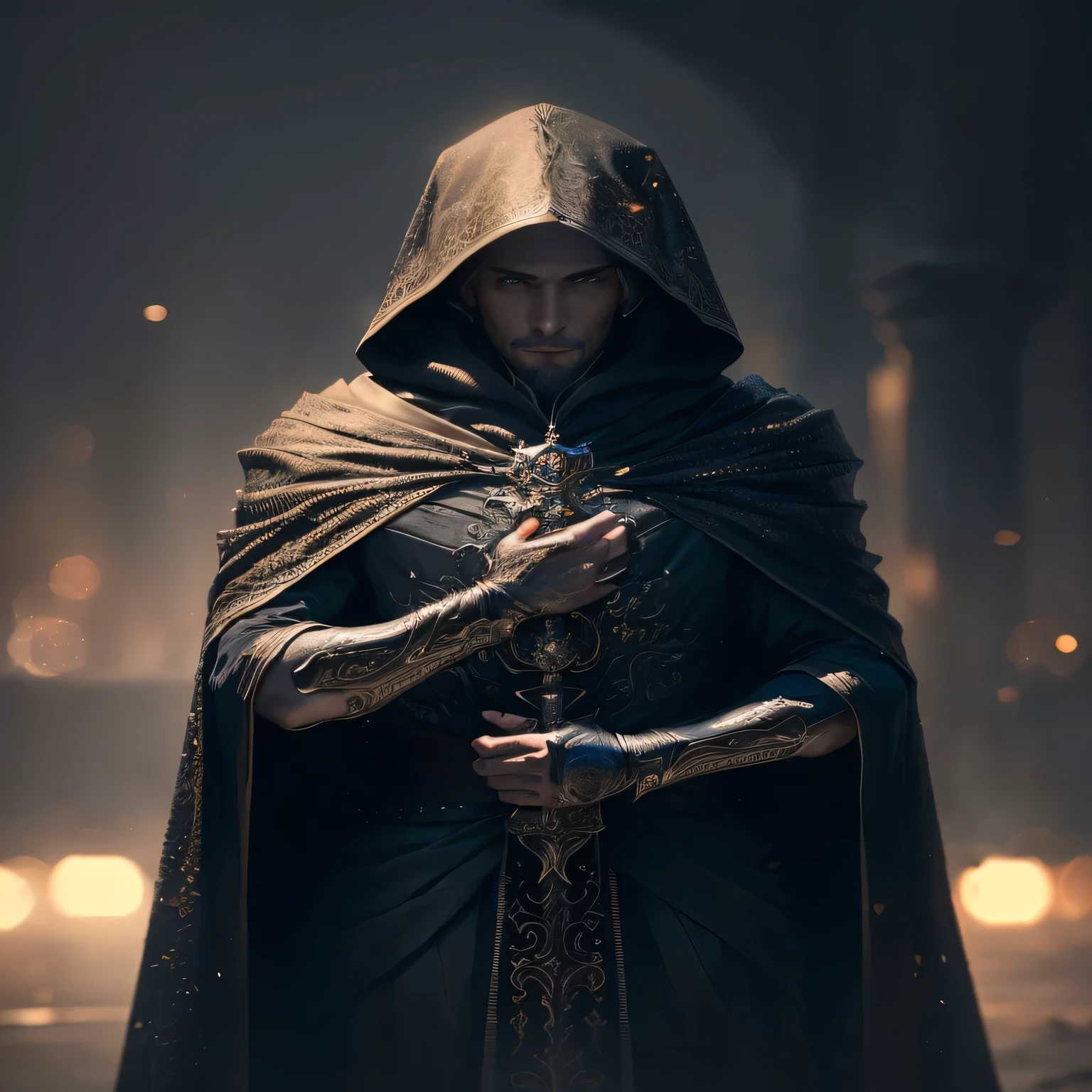 arafed image of a man in a hooded cloak holding a sword, long hoodie hat cinematic lighting, amazing 8k character concept art, photorealistic dark concept art, detailed cinematic render, with codes all over 369 اcloseup portrait of an mavge, elegant cinematic fantasy art, elden ring cinematic lighting, beautiful and cinematic lighting, anton fadeev 8 k, noble elf male in black robes