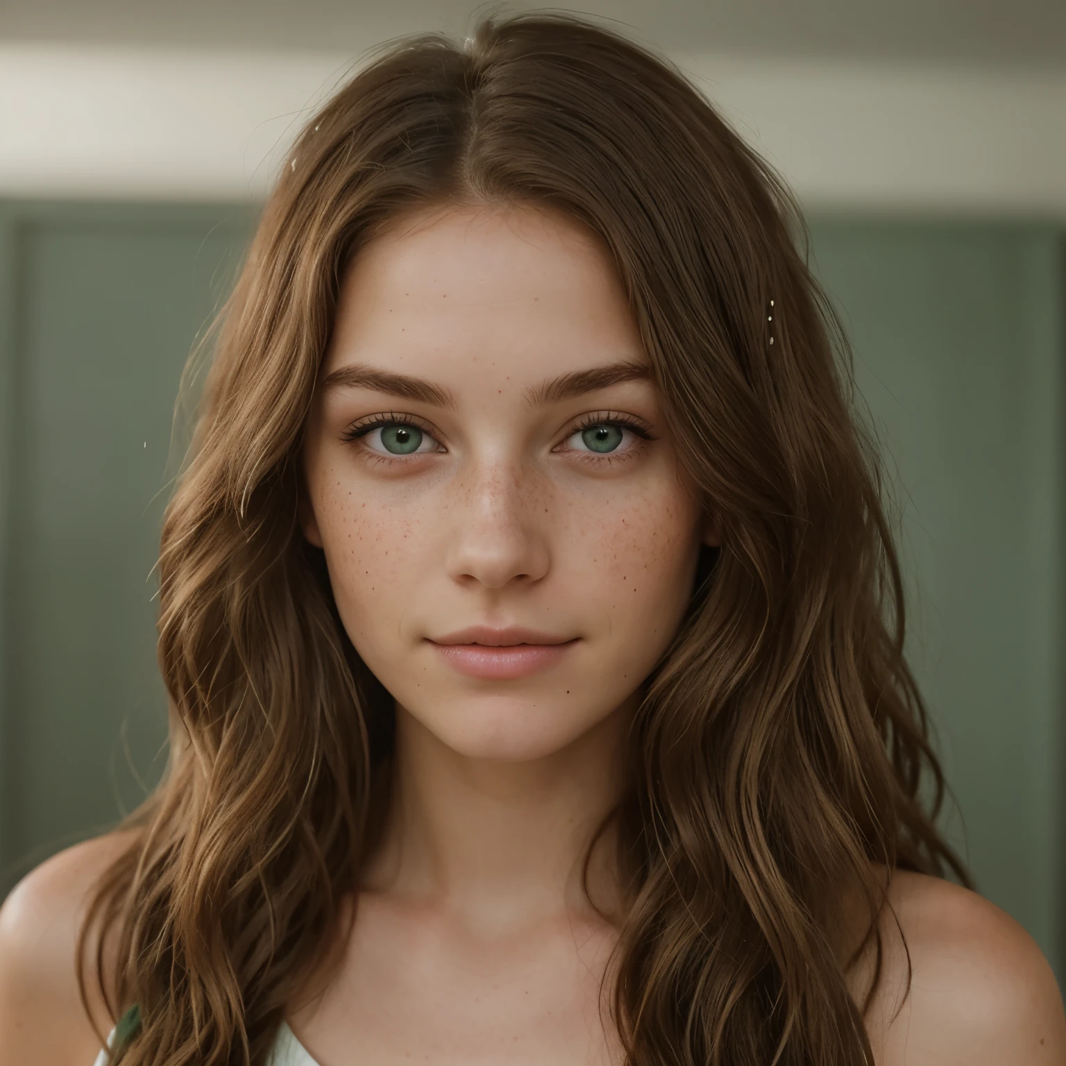 Emily Winters is a young woman. Heart-shaped face. Radiant skin with a hint of freckles. Green eyes. Chestnut brown hair cascades in loose waves. Looking at the camera. Face close up.