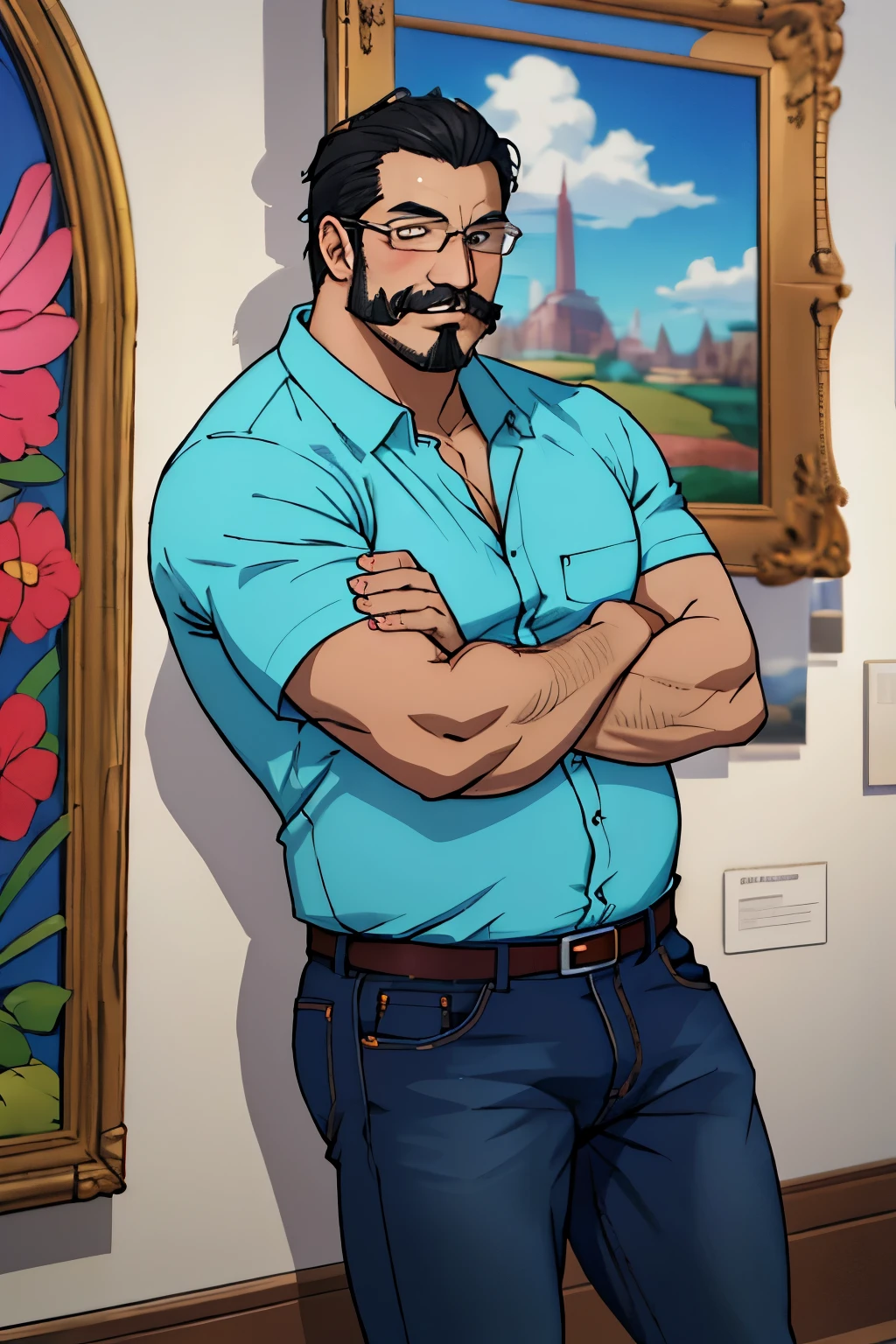 Mature man of 60 years, raza latina, piel morena, complexion gordo con algo de panza
, pelo gris con negro, con barba y bigote, con lentes, en jeans azules, camisa amarilla, tomando un refresco, en un museo de arte barroco