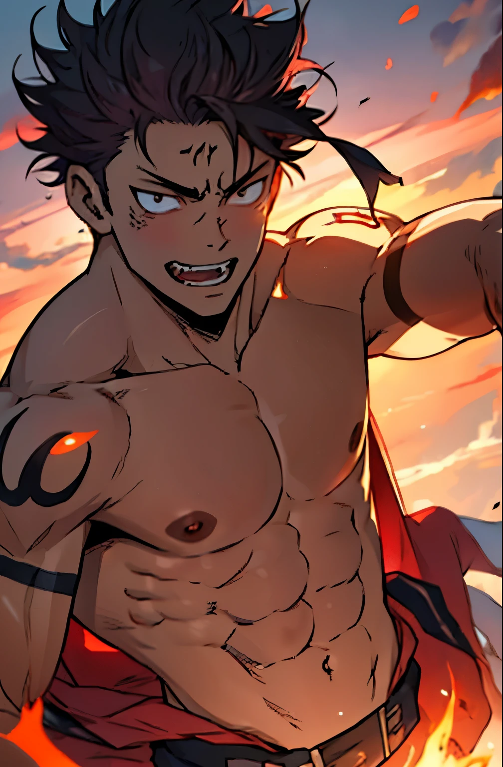 (obra prima, melhor qualidade:1.2) homem, um , Sozinho, 4k, high resolution, rosto detalhado, pugilista, premiado, 8K, Yuuji Itadori (jujutsu kaisen), anime, jujutsu kaisen, tatuagem no rosto, tatuagem de ryoumen sukuna, GENUS JUJUTSU KAISEN
