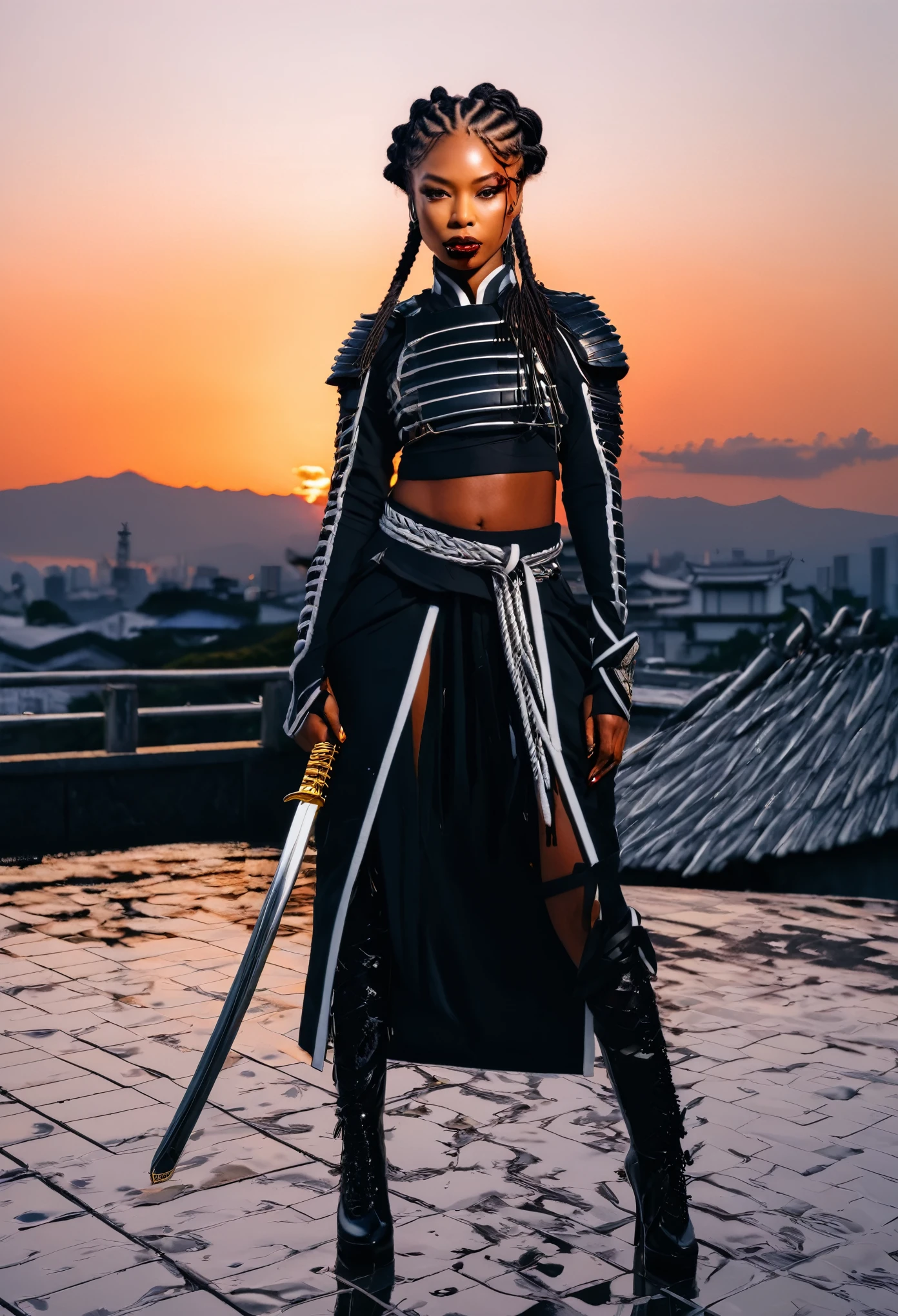 Create the image of a black samurai woman, with braided dreadlocks, modern hair posing in Japan with a beautiful sunset and covered in blood in white gold and silver , with full body view