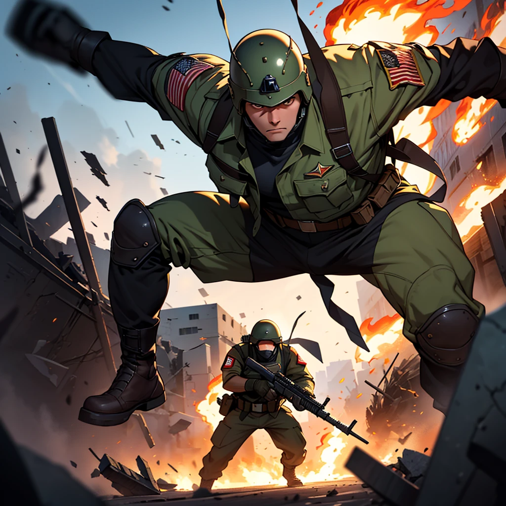 Generate a high-quality AI image depicting a young male soldier in the heat of battle, strategically hiding near a destroyed tank. He wears a dynamic military American green uniform with brown details and a classic helmet. With brown shaved hair and fierce eyes, he epitomizes the intensity of war. Set against a backdrop of explosions and chaos, the image captures the dynamic action with enhanced details, shadows, and fiery hues. Utilize desert tones and an eagle motif to emphasize the USA military theme. Enhance the image with a comics-style aesthetic and sepia color grading reminiscent of classic Marines imagery.