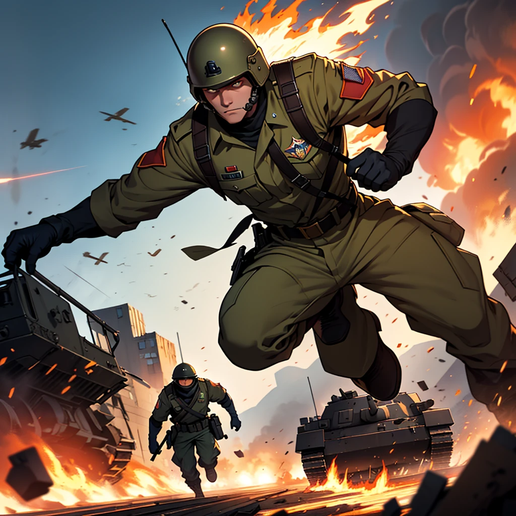 Generate a high-quality AI image depicting a young male soldier in the heat of battle, strategically hiding near a destroyed tank. He wears a dynamic military American green uniform with brown details and a classic helmet. With brown shaved hair and fierce eyes, he epitomizes the intensity of war. Set against a backdrop of explosions and chaos, the image captures the dynamic action with enhanced details, shadows, and fiery hues. Utilize desert tones and an eagle motif to emphasize the USA military theme. Enhance the image with a comics-style aesthetic and sepia color grading reminiscent of classic Marines imagery.