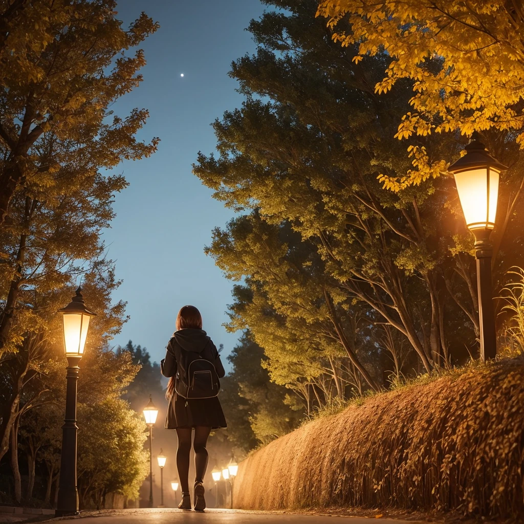 Noche oscura. Camino o calle cubierta de niebla. Luces de farola. Las luces de farola apenas iluminan a traves dr la niebla. En el medio del camino hay una chica con capucha roja.