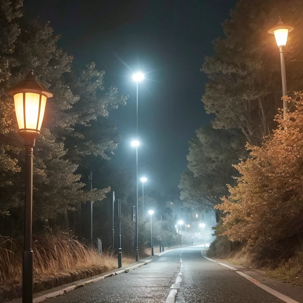 Noche oscura. Camino o calle cubierta de niebla. Luces de farola. Las luces de farola apenas iluminan a traves dr la niebla. En el medio del camino hay una chica con capucha roja.