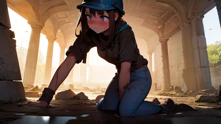 Woman, young, brunette, (dirty, filthy, tearing up, stressed, worried), in an ancient ruin, sandstone, jeans, explorer clothes, blue helmet, poor lighting, low ceiling, claustrophobia, sitting on a stone slab, (zoom in, quarter body, detailed face muddy), ((urgent , wiping tears, blush, pain, hurt, pleading)), from below, orange lighting, wet stain, (have to pee, wet crotch)