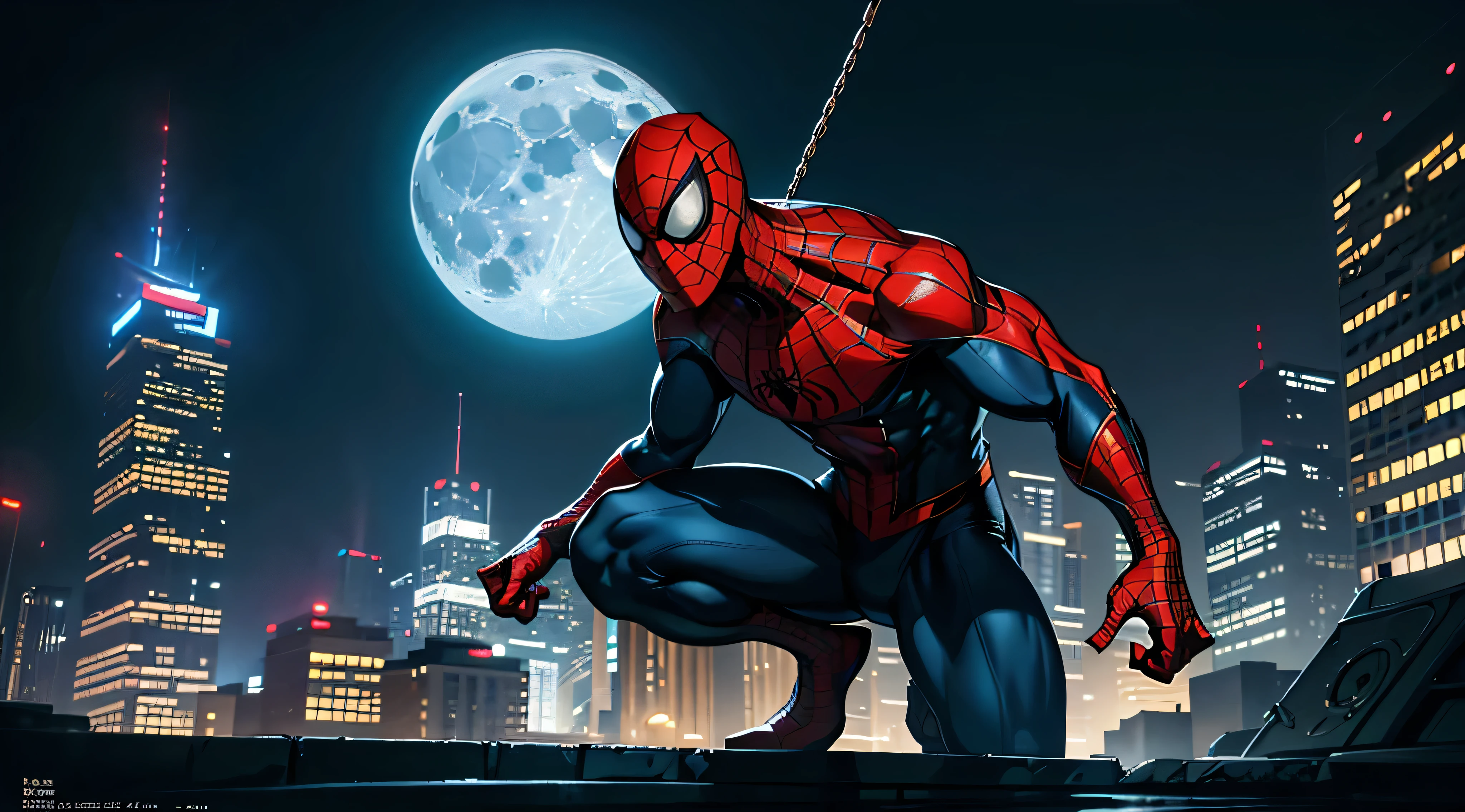 Spiderman,sin mascarilla,vistiendo el traje original,mirando la ciudad de noche,in a crouched position,high resolution,Ultra detallado,vivid colors,Dynamic cityscape,Luces brillantes,rascacielos monumentales,cielo iluminado por la luna,awesome web throwing pose,ambiente urbano,action packed,ambiente superheroico,renderizado fotorrealista,powerful physique,Estructura facial detallada,desarrollo muscular,spider tingling sensation,Reflejo de las luces de la ciudad en los ojos de Spiderman.,dynamic movement,oscilaciones fluidas de la red,Ambiente nocturno,Silueta heroica,gravity defying stunts,Convincing composition,energetic focal point,contraste entre sombras oscuras y luces brillantes de la ciudad,dramatic depth of field,Comic-inspired art style.,presencia heroica,hero contemplating the city with determination,calles estrechas,Horizonte de largo alcance,atmospheric haze,luna brillante,Arquitectura imponente.