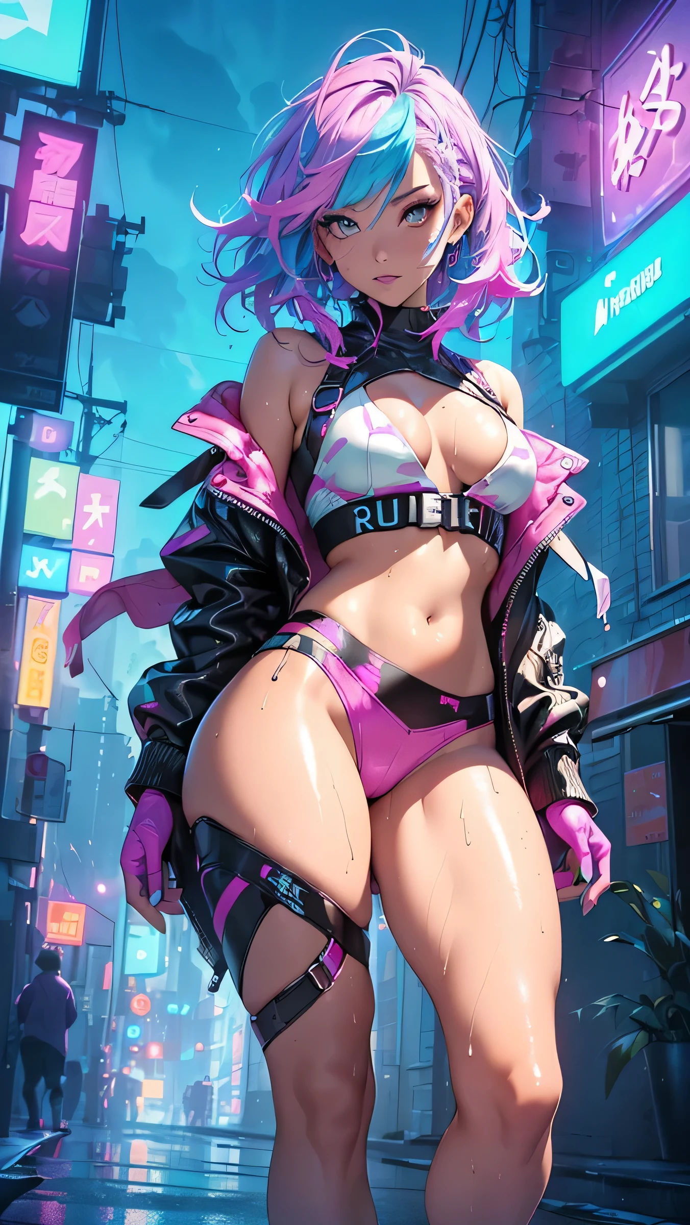 l woman,(((y))),((extremely sexoman with liquid paint hair)),
(((Big chest))),(((short hair,liquid paint hair:1.1,neon purple hair|neon pink hair|neon blue hair|neon aqua hair|purple hair|fuchsia hair|fluorescent blue hair|amethyst hair|neon hair|bright pink hair :1.5,bright hair: 1.3,hair made of paint and defies gravity,thick flowing,paint splatter:1.3,shiny hair: 1.3,vibrant colored hair))),((heterochromia:1.5, (purple_eye and pink_eye))),intricate eyes,beautiful detailed eyes,symmetrical eyes,big eyes:1.5,((fat)),(((lustrokin:1.5,bright skin: 1.5,skin tanned,shiny skin,very shiny skin,shiny body,plastic glitter skin,exaggerated shiny skin,illuminated skin,wet legs))),(detailed body),(detailed face),
cute,slutty,seductive,erotic,(((),
revealing clothing,show skin,(wearing a Neon color theme clothing:1.3,micro clothes,fluorescent and neon clothing,rave fashion,micro crop top,micro skirt,visible thong straps,accessories LED),((wet clothes,intricate outfit,intricate clothes)),
(dynamic pose:1.0),solo focus,embarrassed,(centered,scale to fit dimensions,Rule of thirds),
cyberpunk city by the ocean at night, with bright neon signs and dark stormy clouds and puddles, scenery:1.25,
artistic photography,(photography taken by sldr),highres, sharp focus, (ultra detailed, extremely detailed), (photorealistic artwork:1.37),(extremely detailed CG unity 8k wallpaper),((synthwave background theme)),(((vibrant colors))),(intricate background),(masterpiece),(best quality),