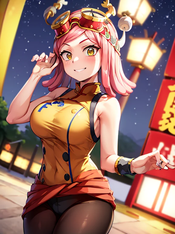 hatsume mei(mha), 1girl solo,pink hair,short hair,goggles on head, chinese clothes,bangs,symbol-shaped pupils, yellow eyes, happy, looking at viewer, outdoors,,night time,festival, depth of field, fair, perfect face, curvy,  highres, leg cutout,cowboy shot,