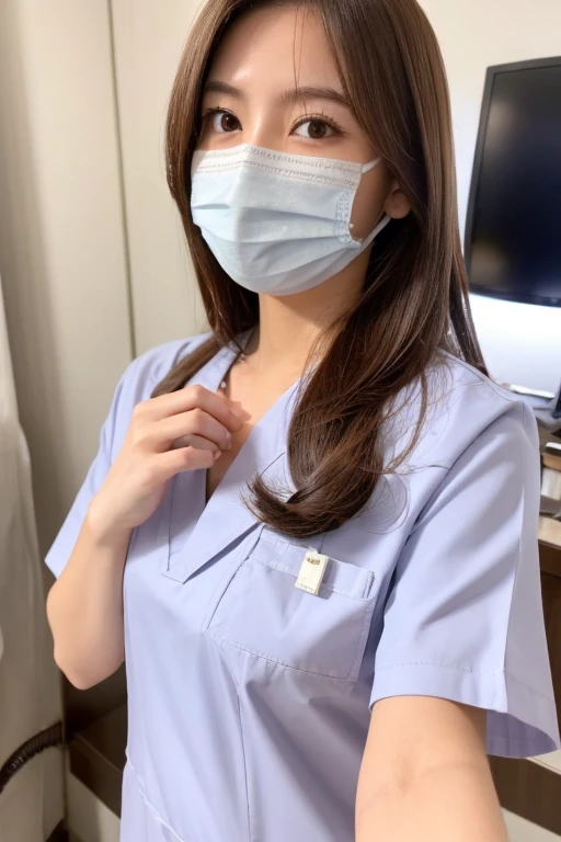 One girl, Japanese, cute sister, nurse, semi-long hair, brown hair color, nurse clothes, wearing a mask, selfie, background in hospital, realistic girl, top quality image