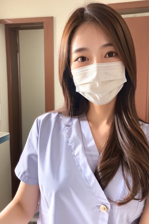 One girl, Japanese, cute sister, nurse, semi-long hair, brown hair color, nurse clothes, wearing a mask, selfie, background in hospital, realistic girl, top quality image