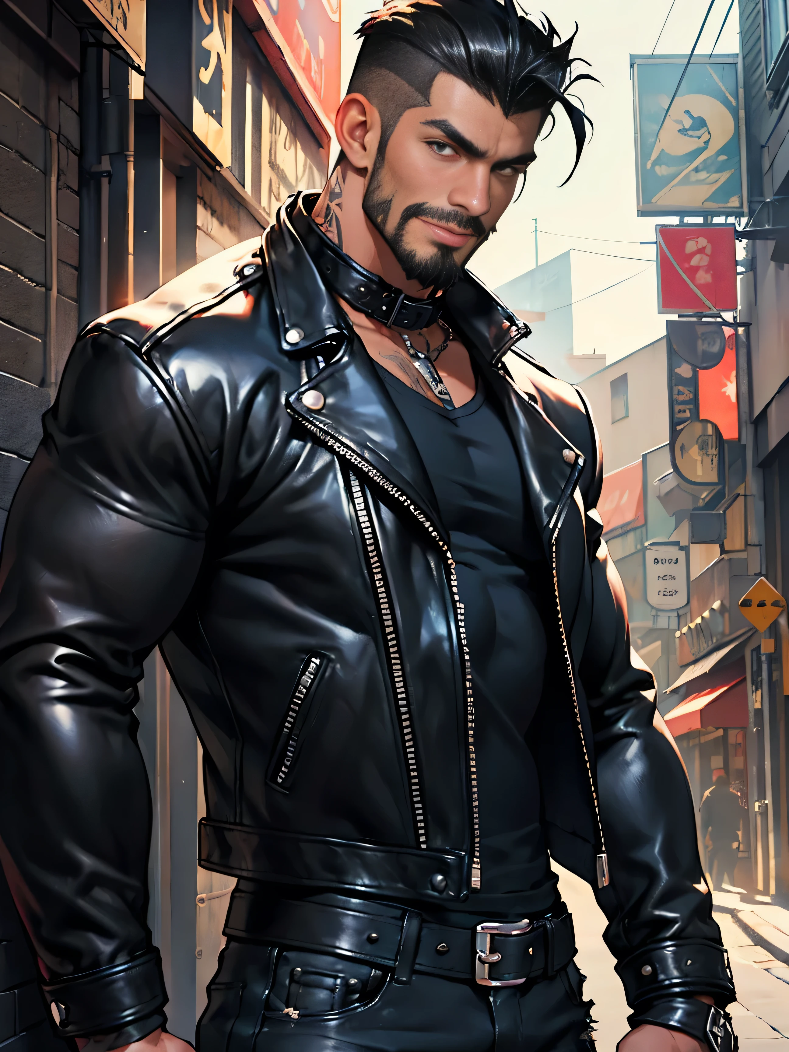 Rocker man, exaggeratedly muscular body, huge pecs, big ass, thick thighs, handsome face, detailed eyes, black hair shaved on the sides, blue eyes, mischievous smile, ear piercing, silver chain around his neck. He's wearing a black leather jacket and ripped jeans.