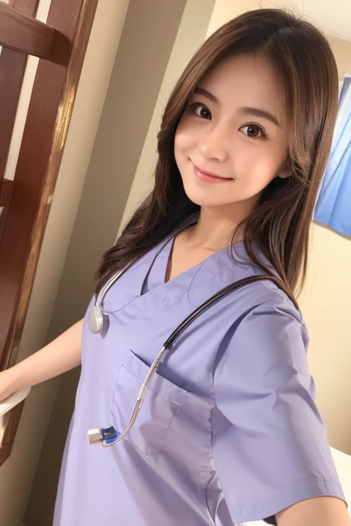 One girl, Japanese, cute sister, nurse, semi-long hair, brown hair color, nurse clothes, wearing a mask, selfie, background in hospital, realistic girl, top quality image